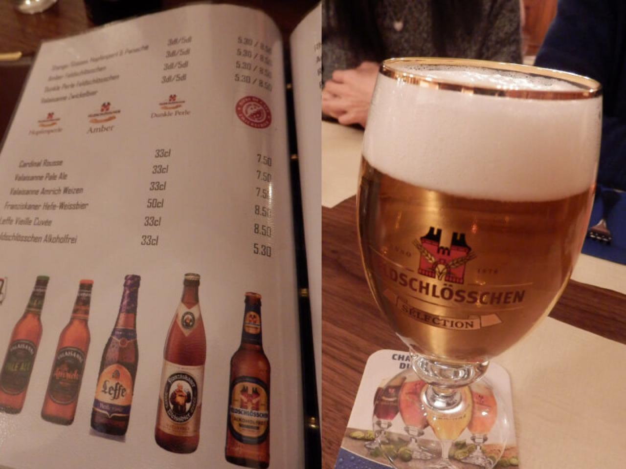 バーゼルの郷土料理レストラン　Restaurant Hasenburg　ビールのメニュー