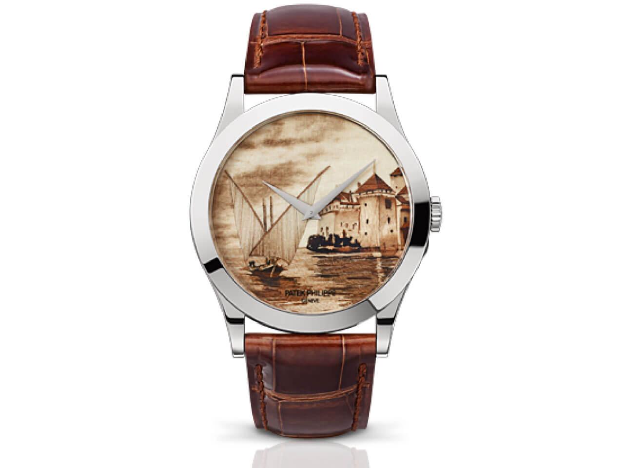 5089G-017 Calatrava Lakeside Scenes 5089パテック・フィリップ（Patek Philippe）カラトラバについて。ホワイトゴールドケース（WG)。キャリバー240搭載。伝統的な帆船を配したレマン湖風景の古い絵葉書からインスピレーションを得て製作された創業175周年記念モデル。 
