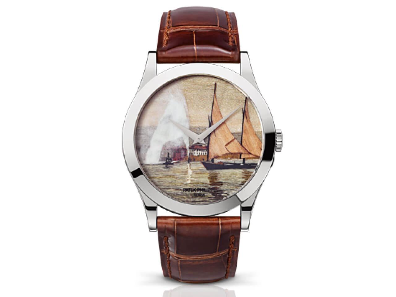 5089G-018 Calatrava Lakeside Scenes 5089パテック・フィリップ（Patek Philippe）カラトラバについて。ホワイトゴールドケース（WG)。キャリバー240搭載。伝統的な帆船を配したレマン湖風景の古い絵葉書からインスピレーションを得て製作された創業175周年記念モデル。 