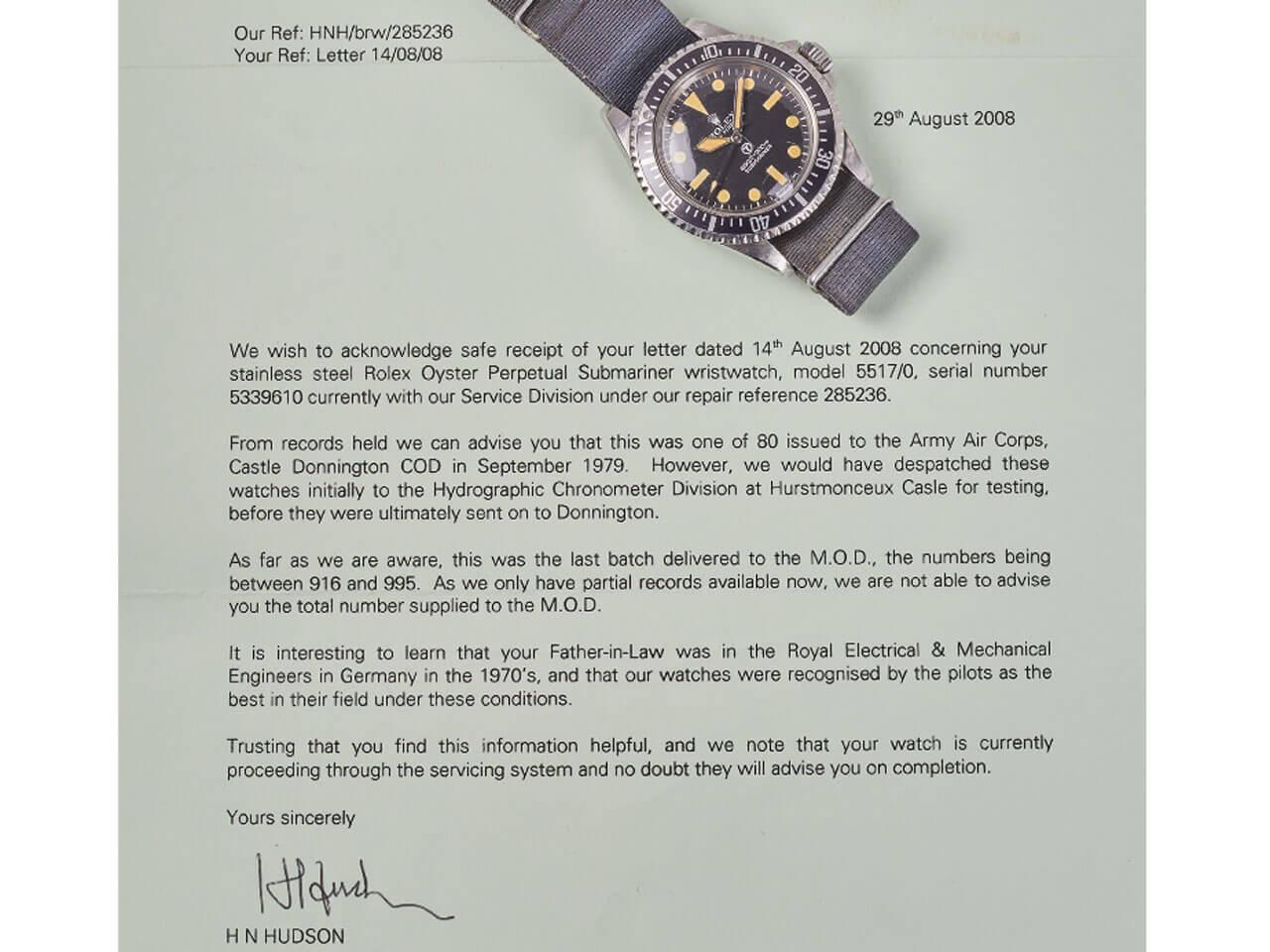 Rolex UK（Bexley）ヘンリー・ハドソン（Henry Hudson）氏のサイン入り証明書