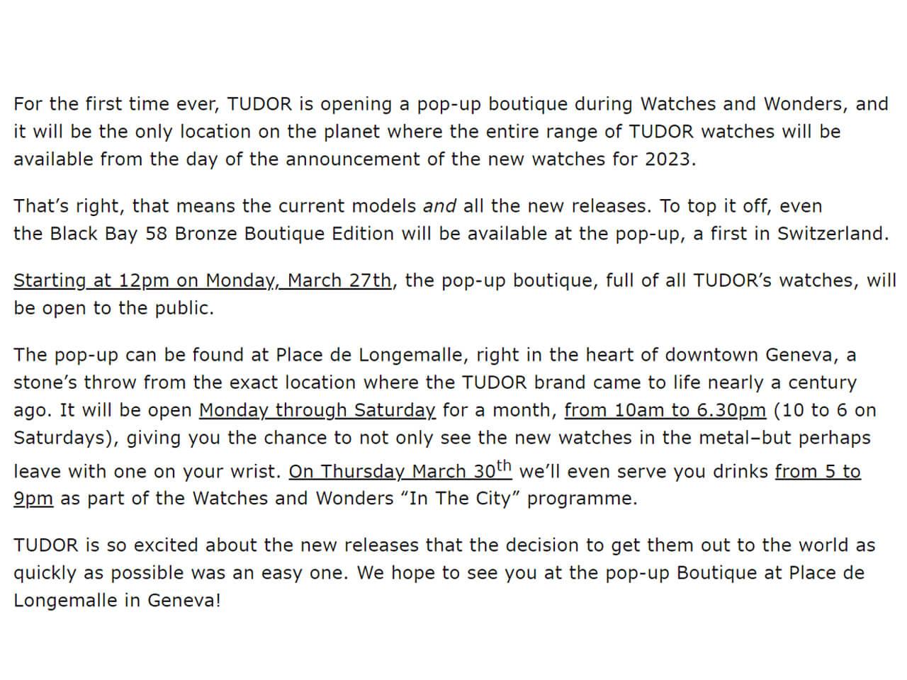 TUDORは史上初めて、Watches and Wondersの期間中にポップアップブティックをオープン