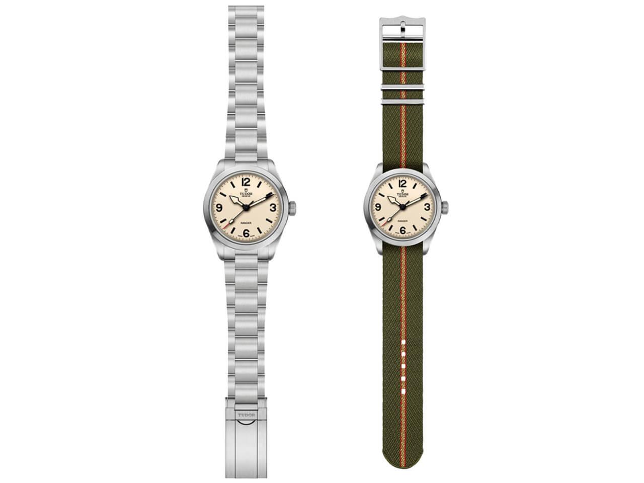 ステンレススチール製ブレスレット、レッド＆ベージュのストライプ入りグリーンファブリックストラップ