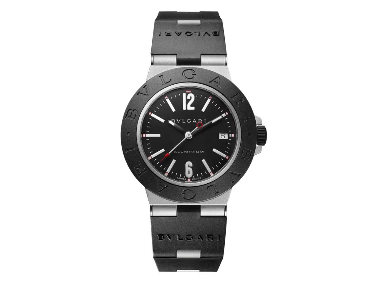 ブルガリ　アルミニウム ウォッチ アルミニウム×チタン製ケース ブラックラバーベゼル・ブレス 黒文字盤