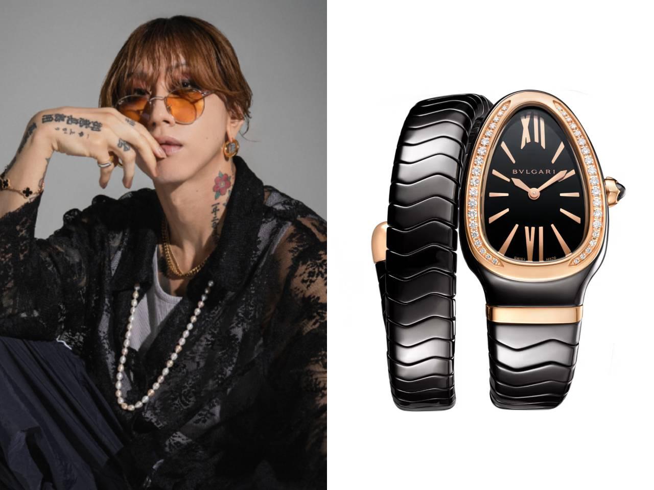 渋谷龍太　ブルガリ　セルペンティ スピガ　ブラックセラミックケース・ブレス ピンクゴールドベゼル 黒文字盤 ダイヤモンド