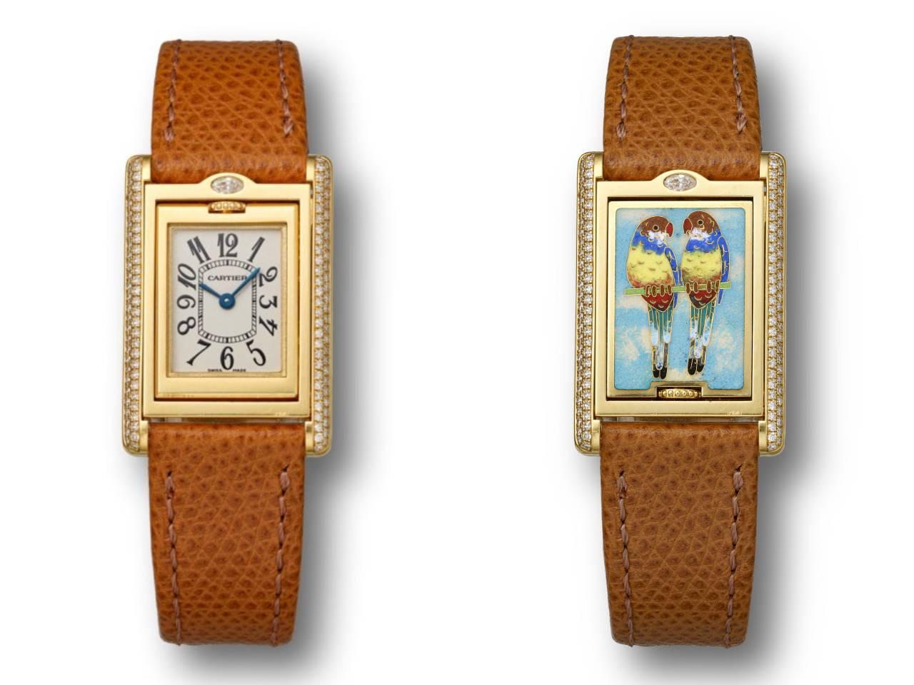 カルティエ　タンク バスキュラント パロットラバーズ オウム クロワゾネエナメル アラビアンインデックス イエローゴールド ベゼルダイヤ