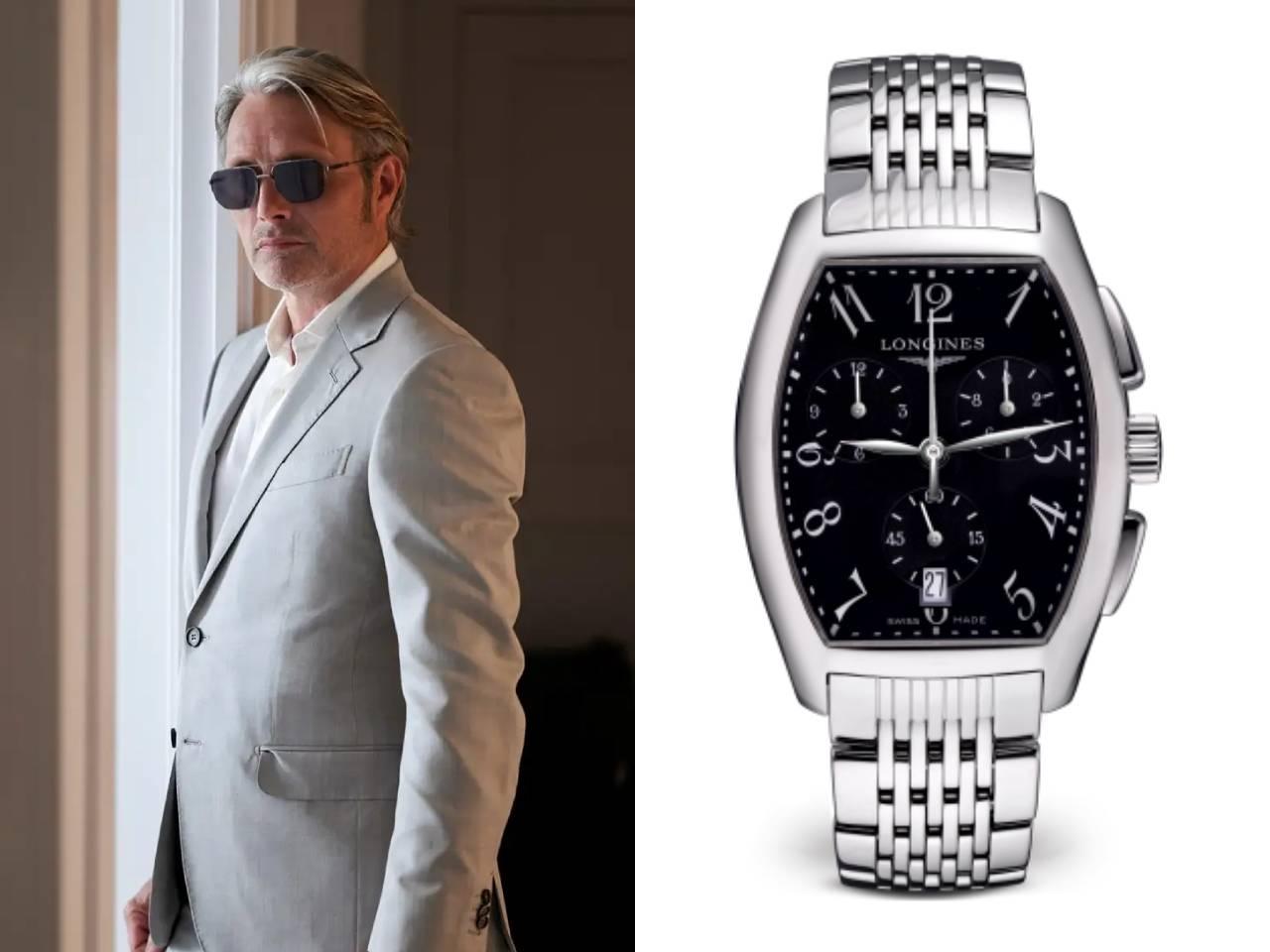 マッツ・ミケルセン　ロンジン エヴィデンツァクロノグラフ クォーツ SS×黒文字盤 アラビアンインデックス