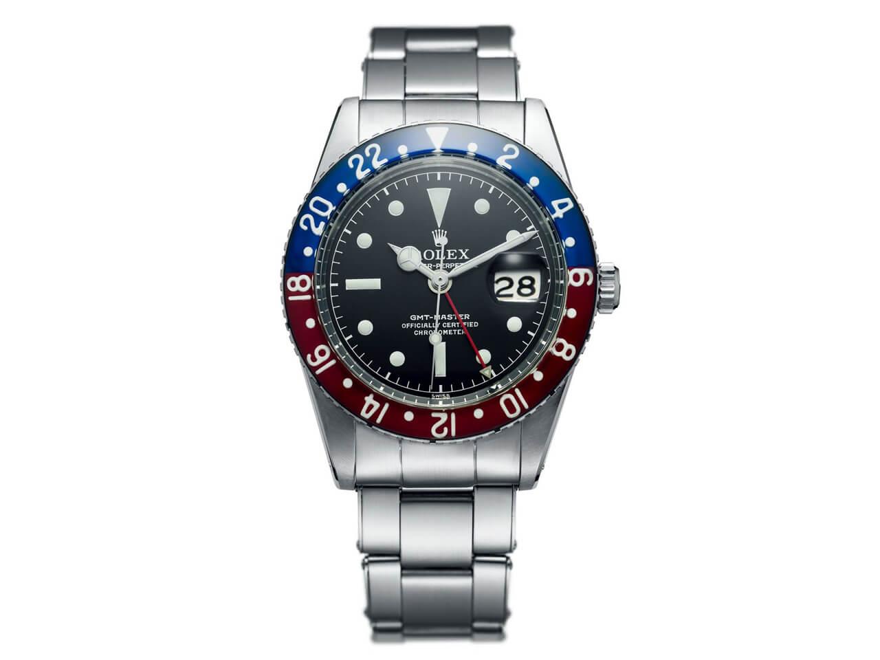 ロレックス GMTマスター Ref.6542（1954〜55年）。初代GMTマスターの38mmケース。アルミニウム製ペプシベゼルとメルセデス針が特徴