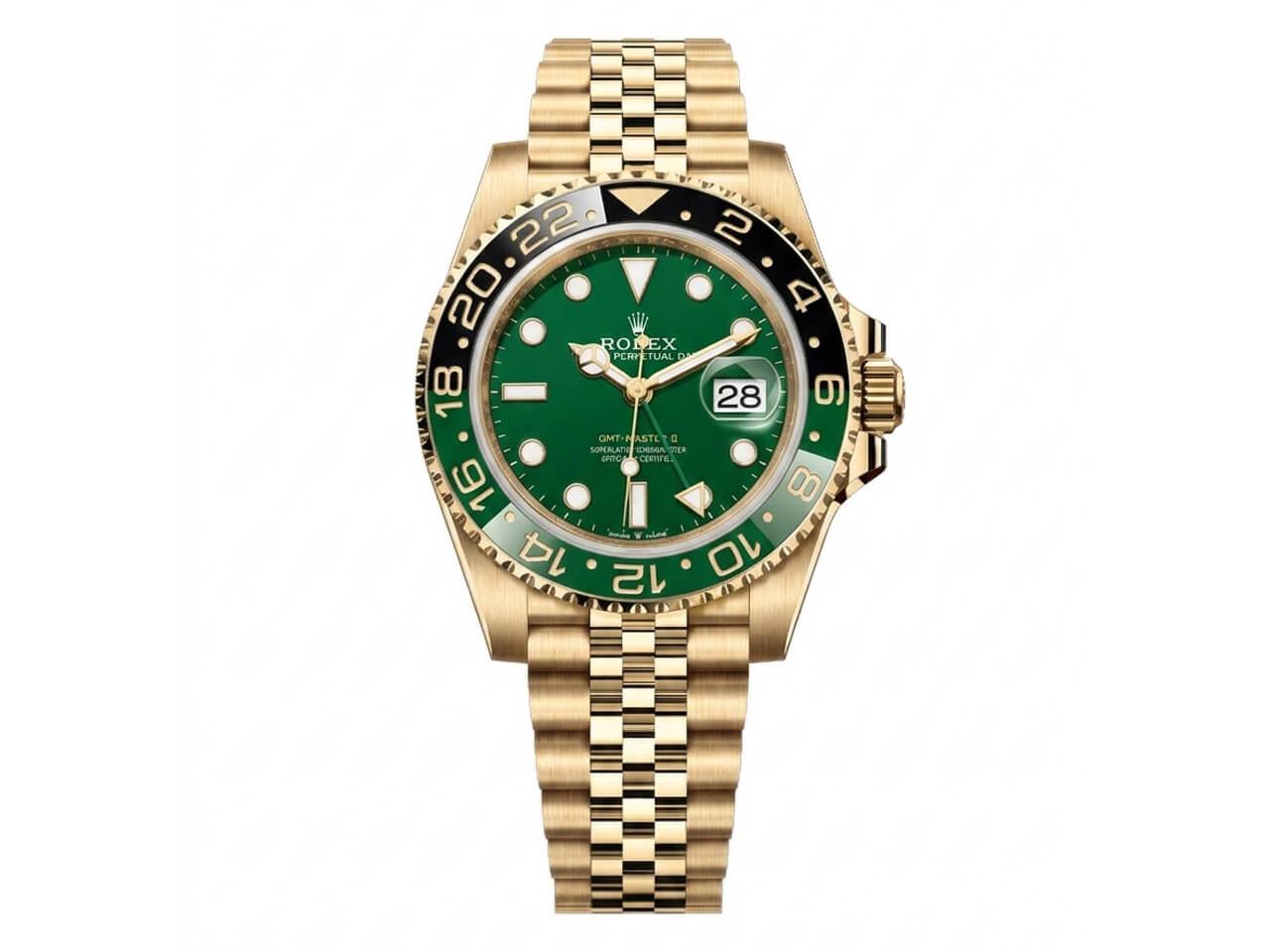 GMTマスターII　イエローゴールド　グリーンダイヤル　グリーン×ブラックベゼル、ジュビリーブレスレット126718VTNR（仮）のAI生成イメージ。非公式。