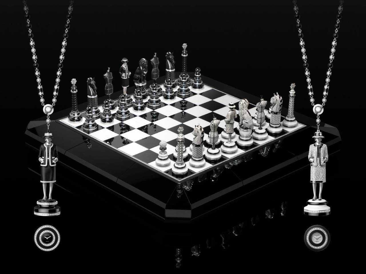 シャネル　ザ・チェスボード 黒曜石×ブラック・ホワイトセラミックチェス盤 / 駒32個 ガブリエル・シャネル シークレットウォッチ2本