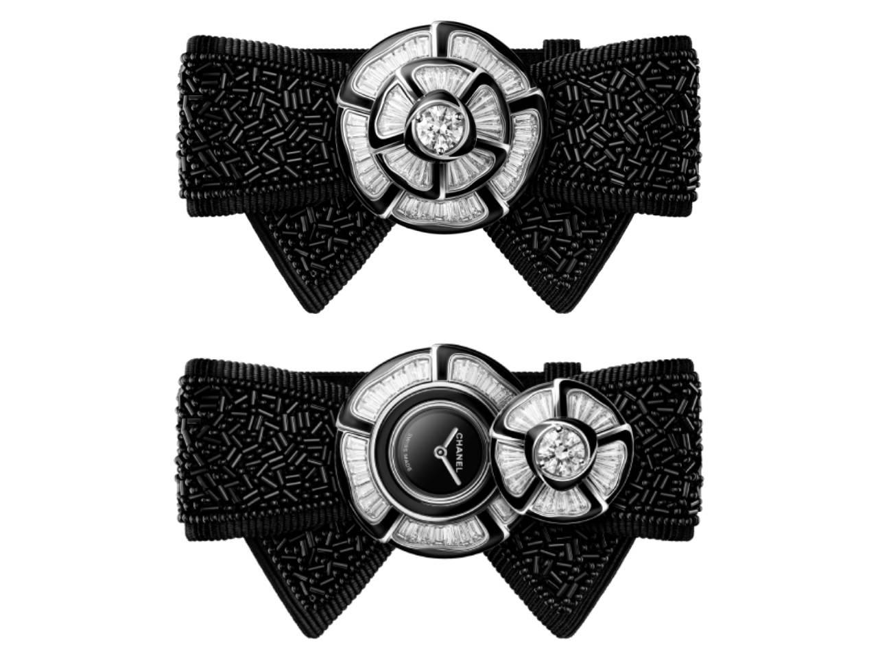 シャネル　ヌー・ドゥ・カメリア エンブロイダード カフ　グログランリボン ガラスビーズ バゲットカットダイヤの花びら ブラック文字盤