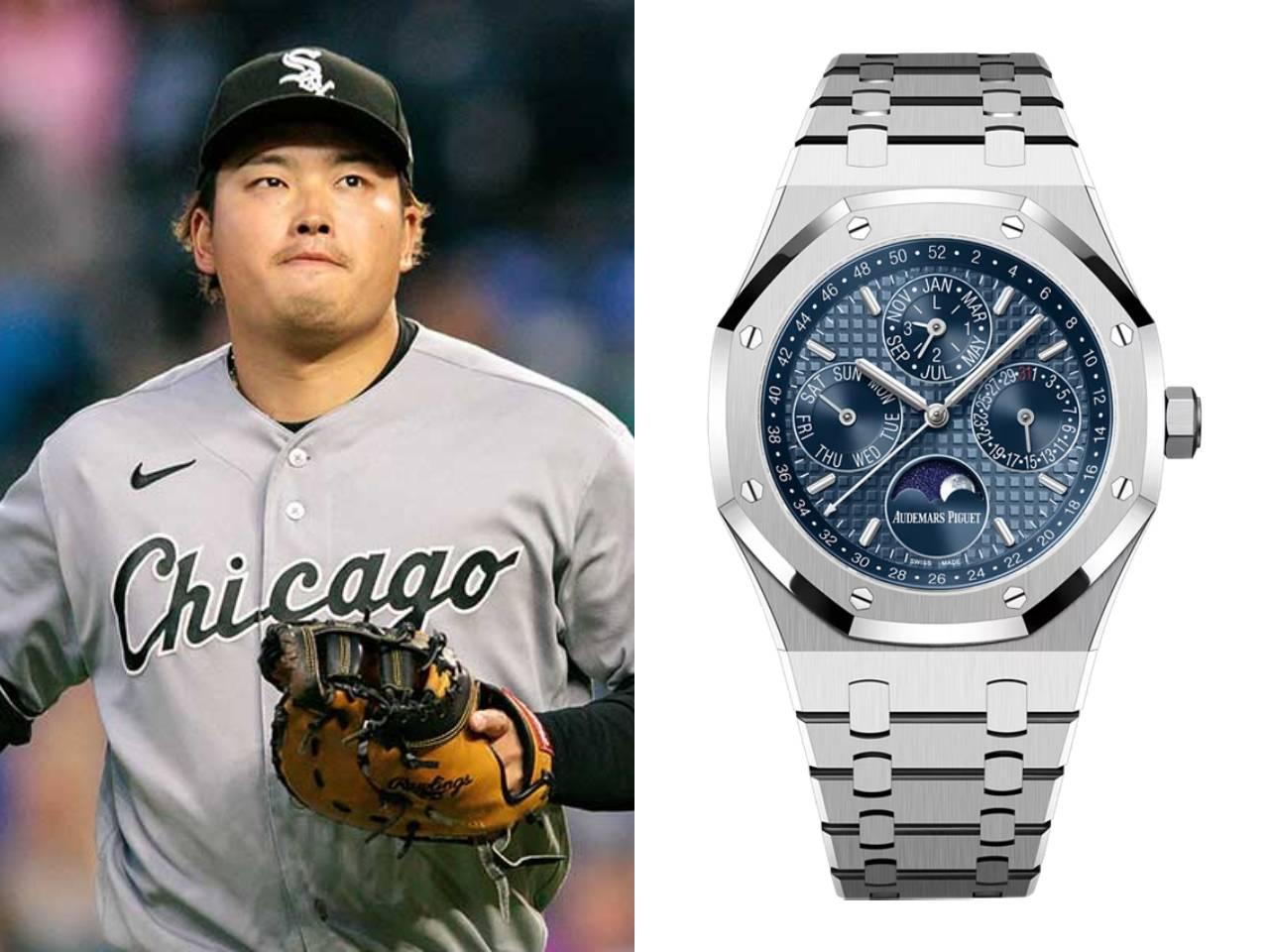 村上宗隆　オーデマ・ピゲ　ロイヤル オーク パーペチュアルカレンダー　ステンレススティール ブルーのグランドタペストリー文字盤 ムーンフェイズ