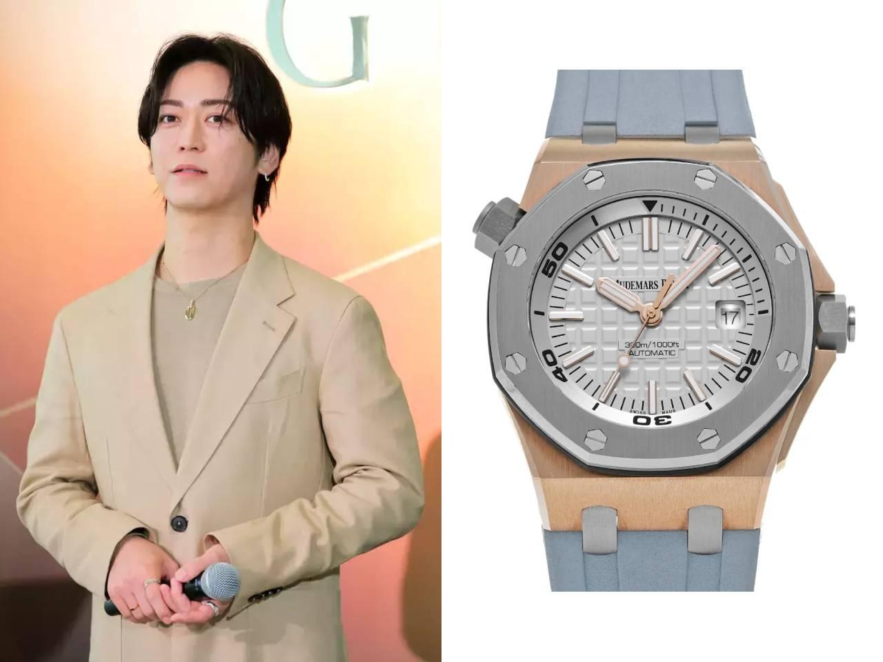 亀梨和也　オーデマ・ピゲ　ロイヤル オーク オフショア ダイバー　ピンクゴールド×チタンベゼル グレーのメガタペストリー文字盤 グレーラバーストラップ