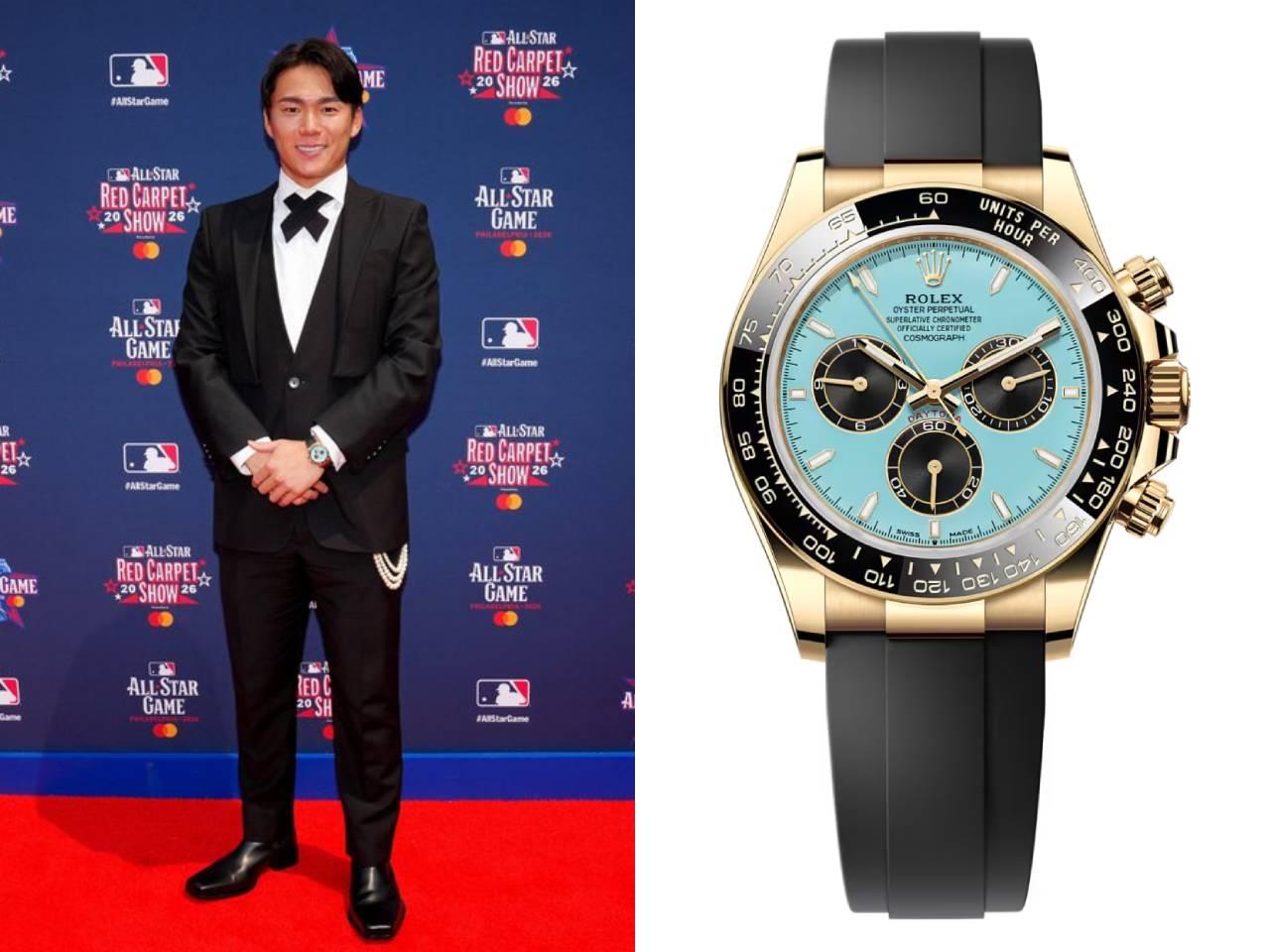 山本由伸 オールスター戦レッドカーペット　ロレックス コスモグラフ デイトナ イエローゴールド ブラックセラクロムベゼル ターコイズブルー文字盤 ブラックカウンター オイスターフレックスブレス