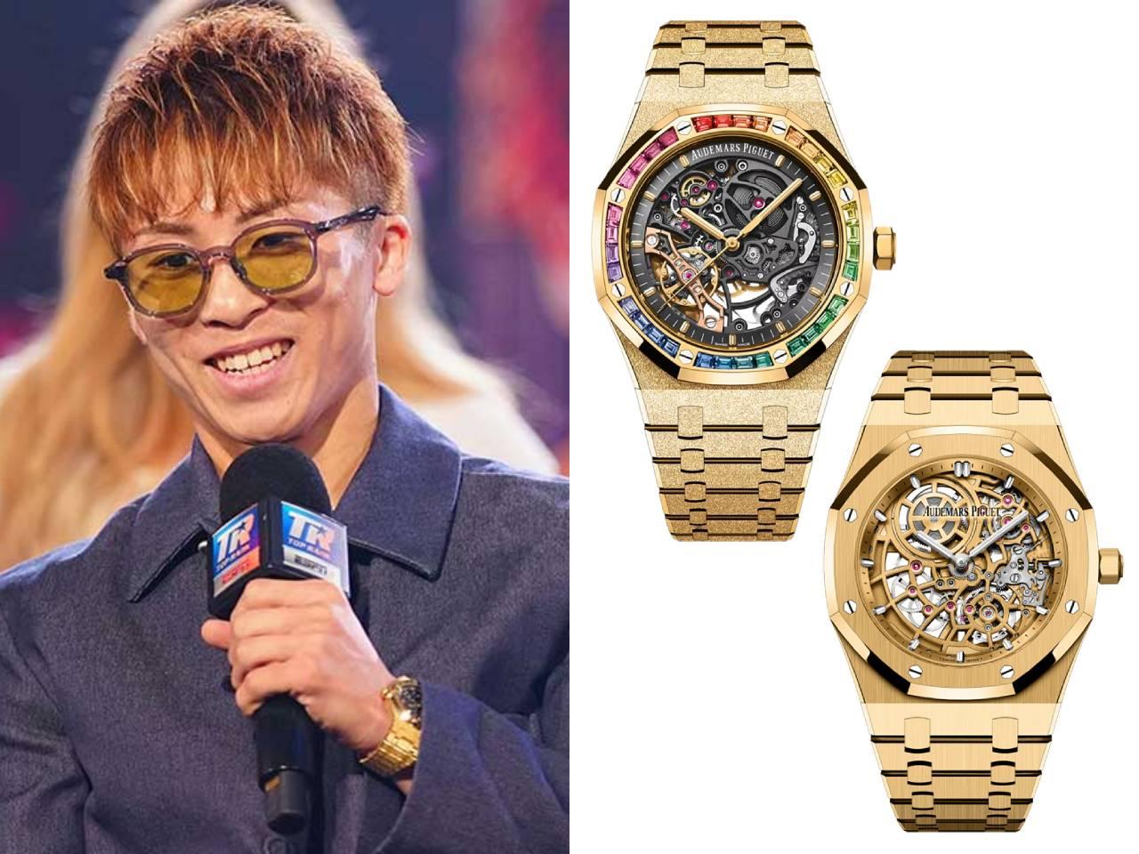 井上尚弥　オーデマ・ピゲ　YG ロイヤル オーク2本 フロステッドゴールド ダブルバランスホイール オープンワーク レインボージェムストーンベゼル グレーダイヤル/ジャンボ エクストラ シン オープンワーク サテン×ポリッシュ