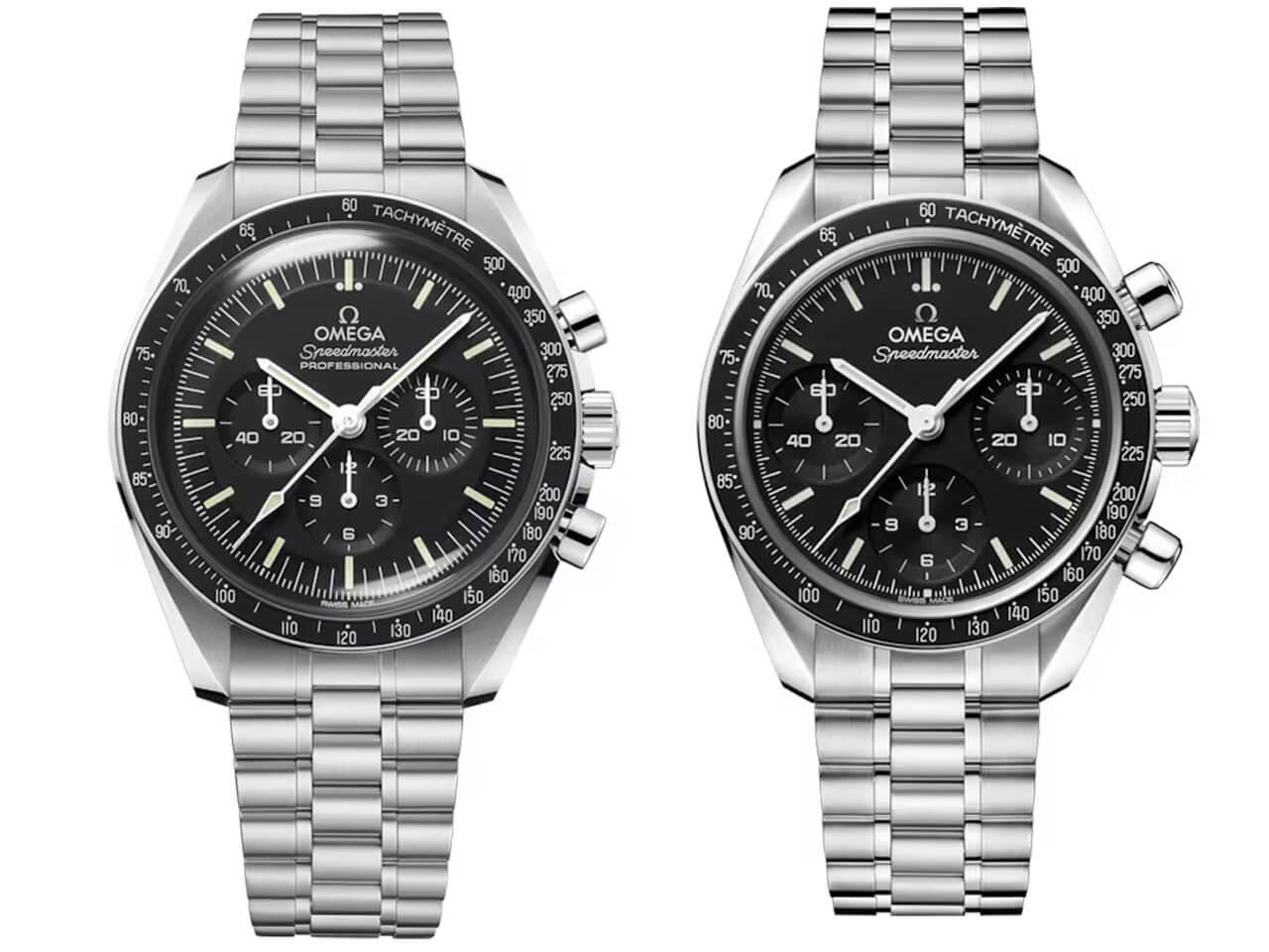 左：現行ムーンウォッチ、右：新作スピードマスター38mm