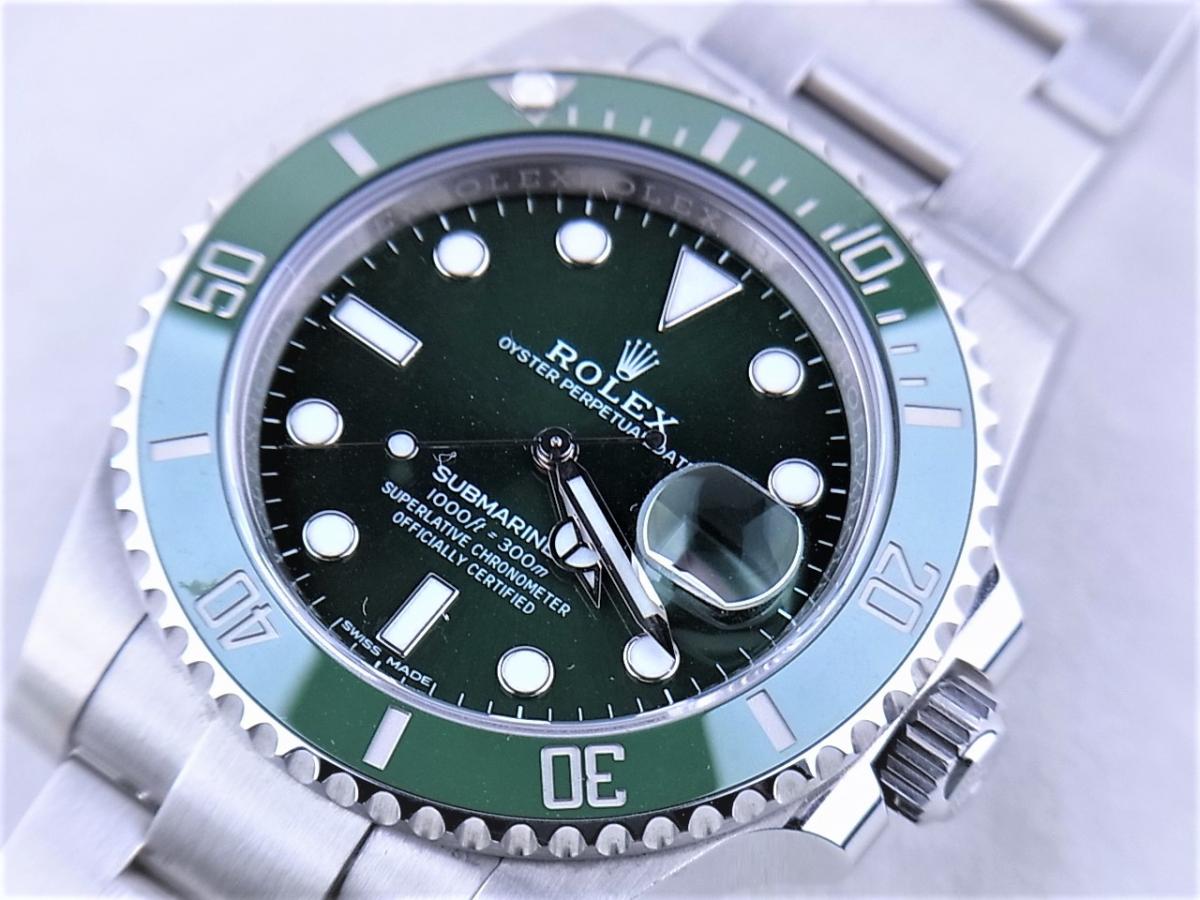 ロレックス サブマリーナデイト116610LV 2010年発売モデル　グリーンサブ　300ｍ防水 メンズ腕時計　買取り実績　フェイス斜め画像