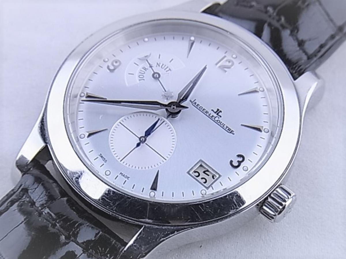 ジャガールクルト マスターホームタイムQ1628420　GMT　デイ＆ナイト　スモールセコンド　デイト　メンズ腕時計　買取り実績　フェイス斜め画像
