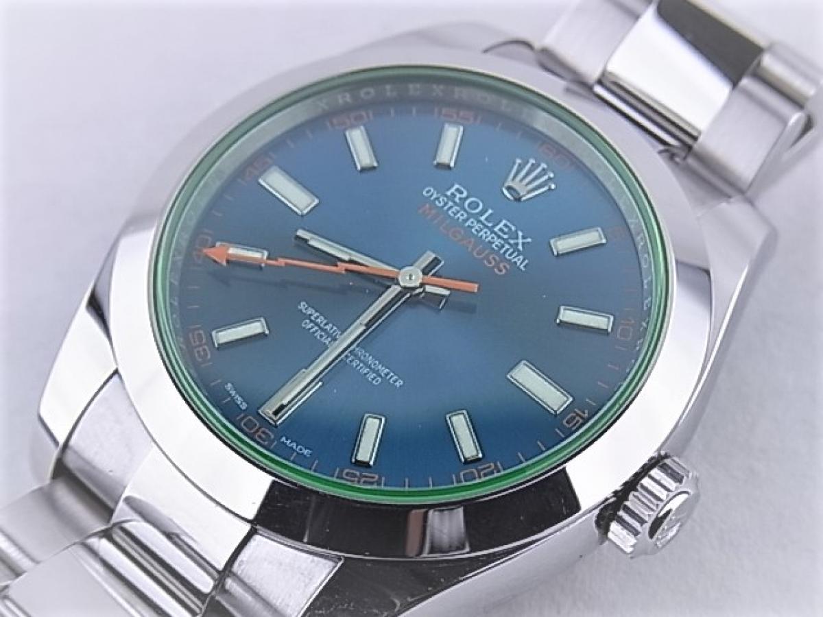 ロレックス ミルガウス116400GV イナズマブルー　1000ガウス磁力遮断 メンズ腕時計　買取り実績　フェイス斜め画像