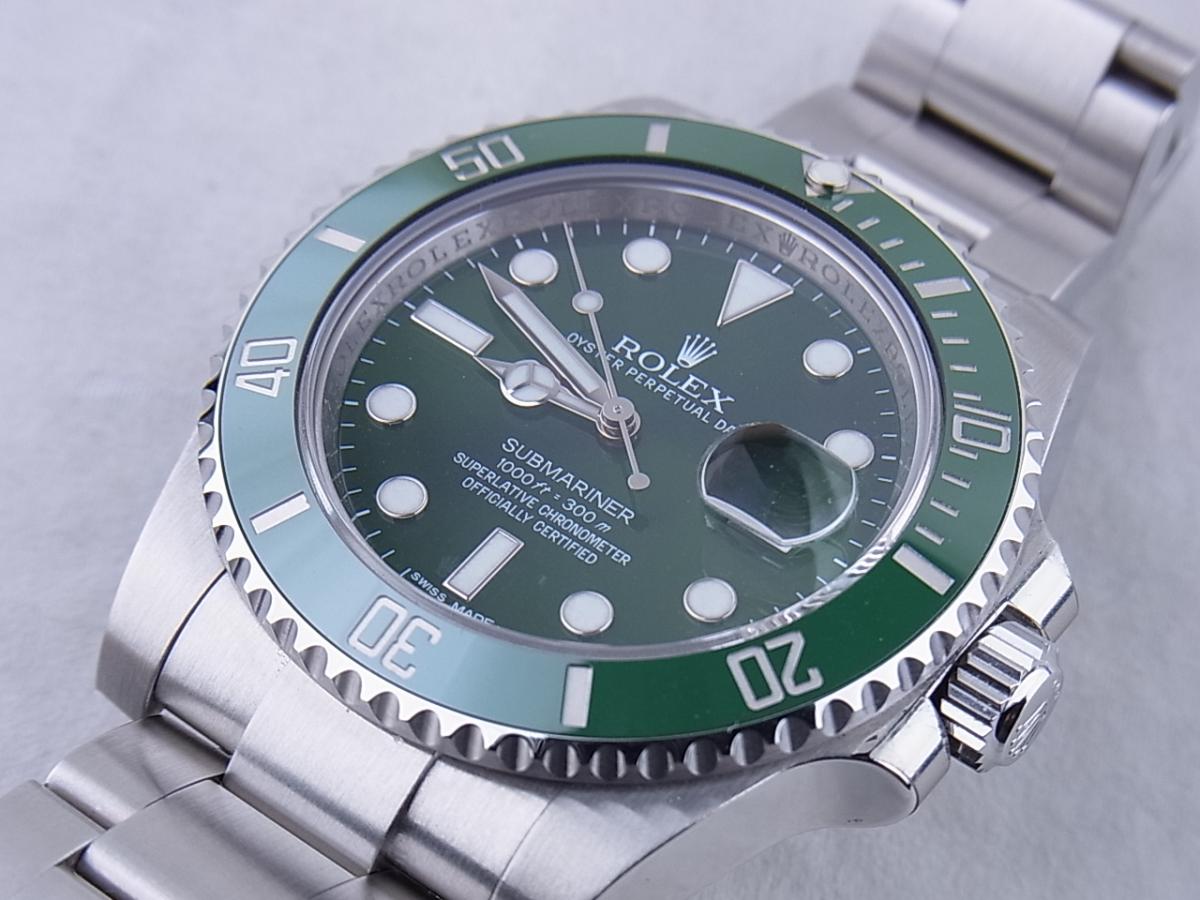ロレックスサブマリーナ116610LV 2013年購入ランダムシリアル(2010年発表モデル)　グリーンサブ　メンズ腕時計　買取り実績　フェイス斜め画像