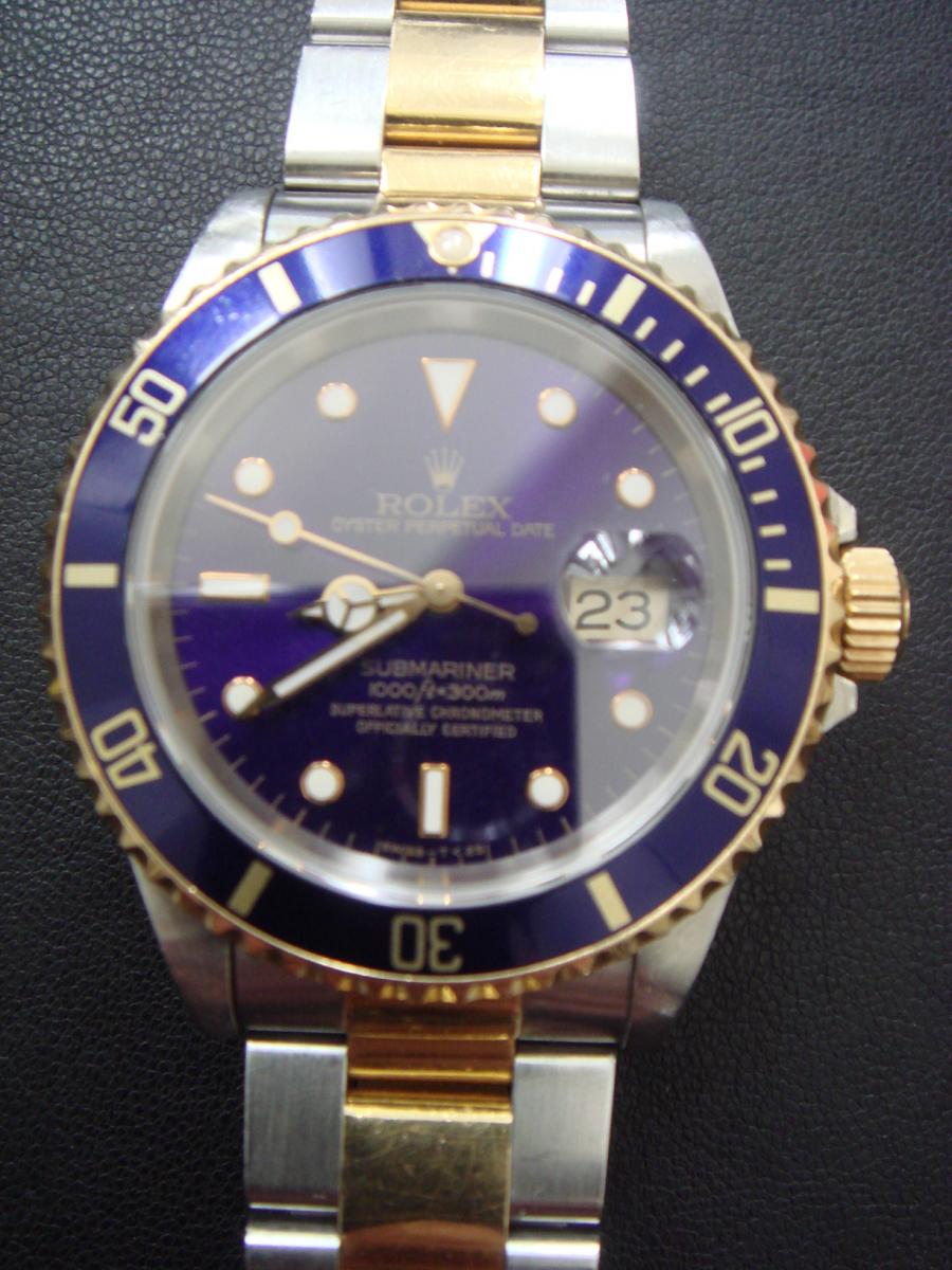 ロレックス サブマリーナ 16613 紫文字盤　ポイントインデックス　デイト表示 紫×青サブ Ｗ品番(1994年~1995年頃製造) デイト表示、青、SS×YGコンビ(中古)高価買取事例