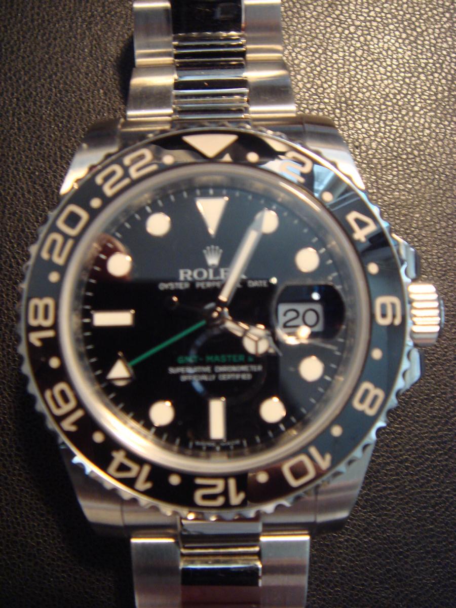 ロレックス GMTマスター2 116710LN ブラックスーパールミノバ文字盤　デイト表示　GMT機能 M番(2007年頃) 黒ベゼル 緑ロゴ＋GMT針、(中古)高価買取事例