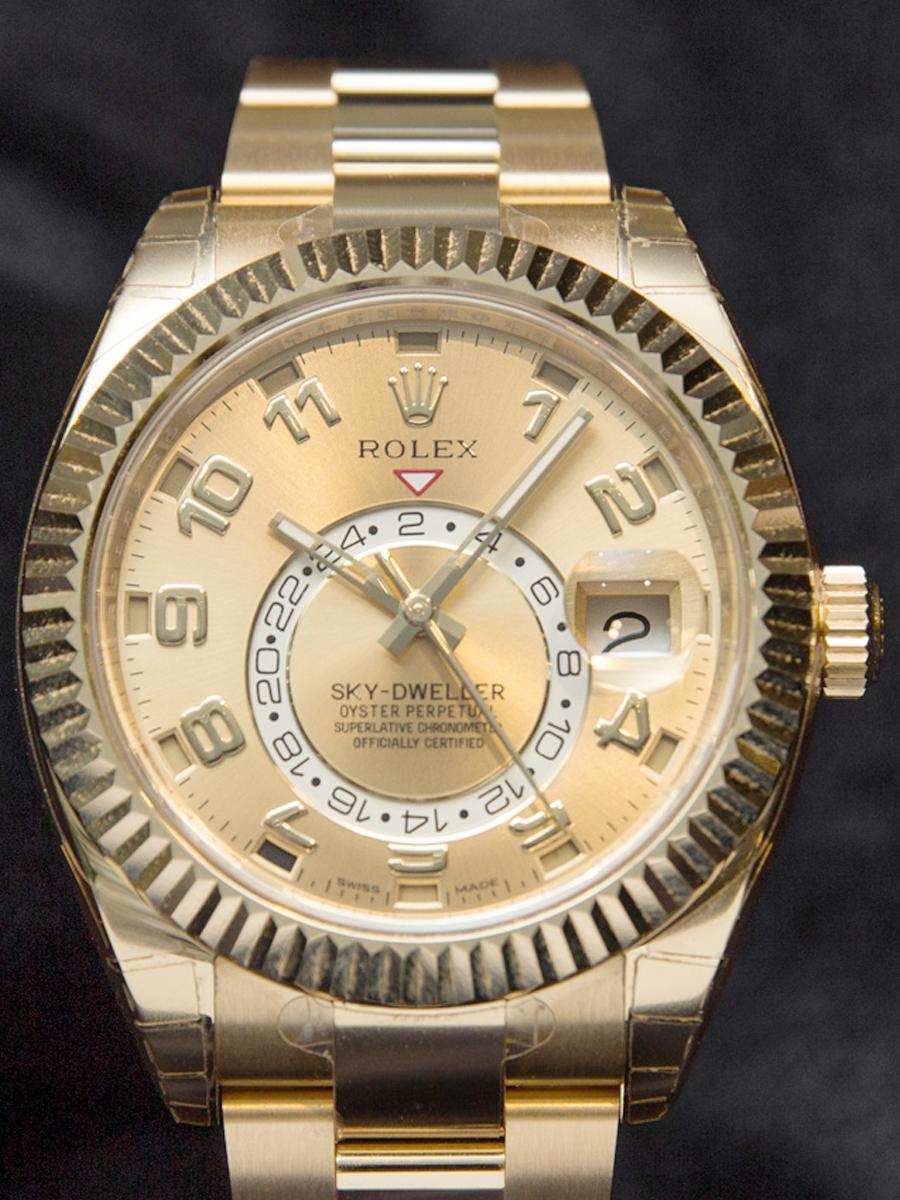 ロレックス スカイドゥエラー 326938 ゴールドシャンパン、アラビア、第2タイムゾーン表示、年次カレンダー ランダムシリアル ロレックス正規店定価￥4,708,800、YGオイスターブレス(中古)