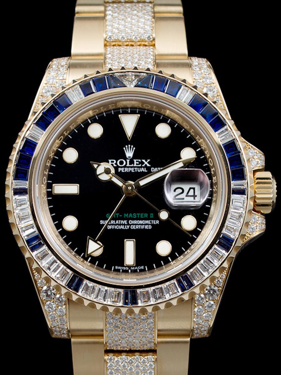 ロレックス GMTマスター2 116758SA ブラックダイヤル、ポイント、デイト表示、3針 サファイア＆ダイヤモンドベゼル ダイヤモンドラグ＆ブレス YGオイスターブレス(中古)高価買取事例