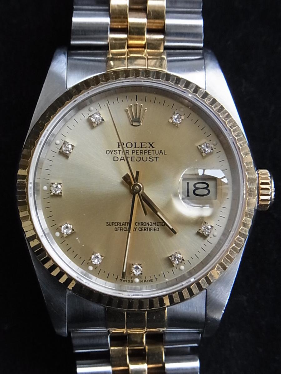 ロレックス デイトジャスト 16233G ゴールドシャンパン＋ポイントダイヤモンド R番シリアル(1987年モデル) SS×YGコンビブレス(中古)高価買取事例