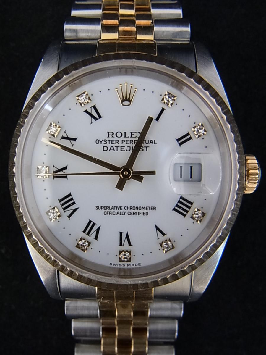 ロレックス デイトジャスト 16233G 白文字盤、ローマン＆ダイヤモンド、デイト表示、3針 半ダイヤモンドＷ番（1994年製） ベルトヨレ大きくあり。YG×SSジュビリーブレス(ガラスにキズがありベルトが大きくヨレている状態の中古)