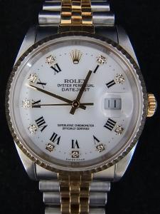 ロレックス デイトジャスト 16233G ガラスにキズがありベルトが大きくヨレている状態の中古 箱・保証書付き（ギャランティーカード旧紙タイプ）