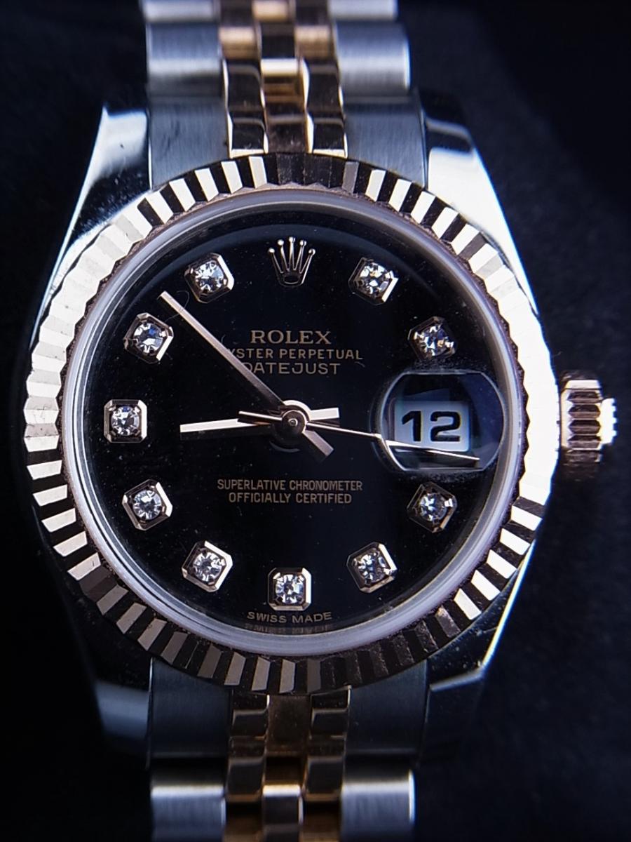 ロレックス デイトジャスト 179171G ブラック10P文字盤　デイト表示 レディース ブラック10Pダイヤ ケース径26mm　重さ80g　フルーテッドベゼル(中古)
