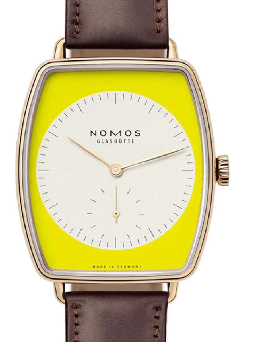 ノモス ラックス LU3DT3YL2 イエロー 941番 トノー型 レモン  ゴールド針 ブラウンストラップ スモールセコンド シースルーバック レディース サファイヤクリスタル　マニュファクチュール　革ストラップ　(新品未使用)