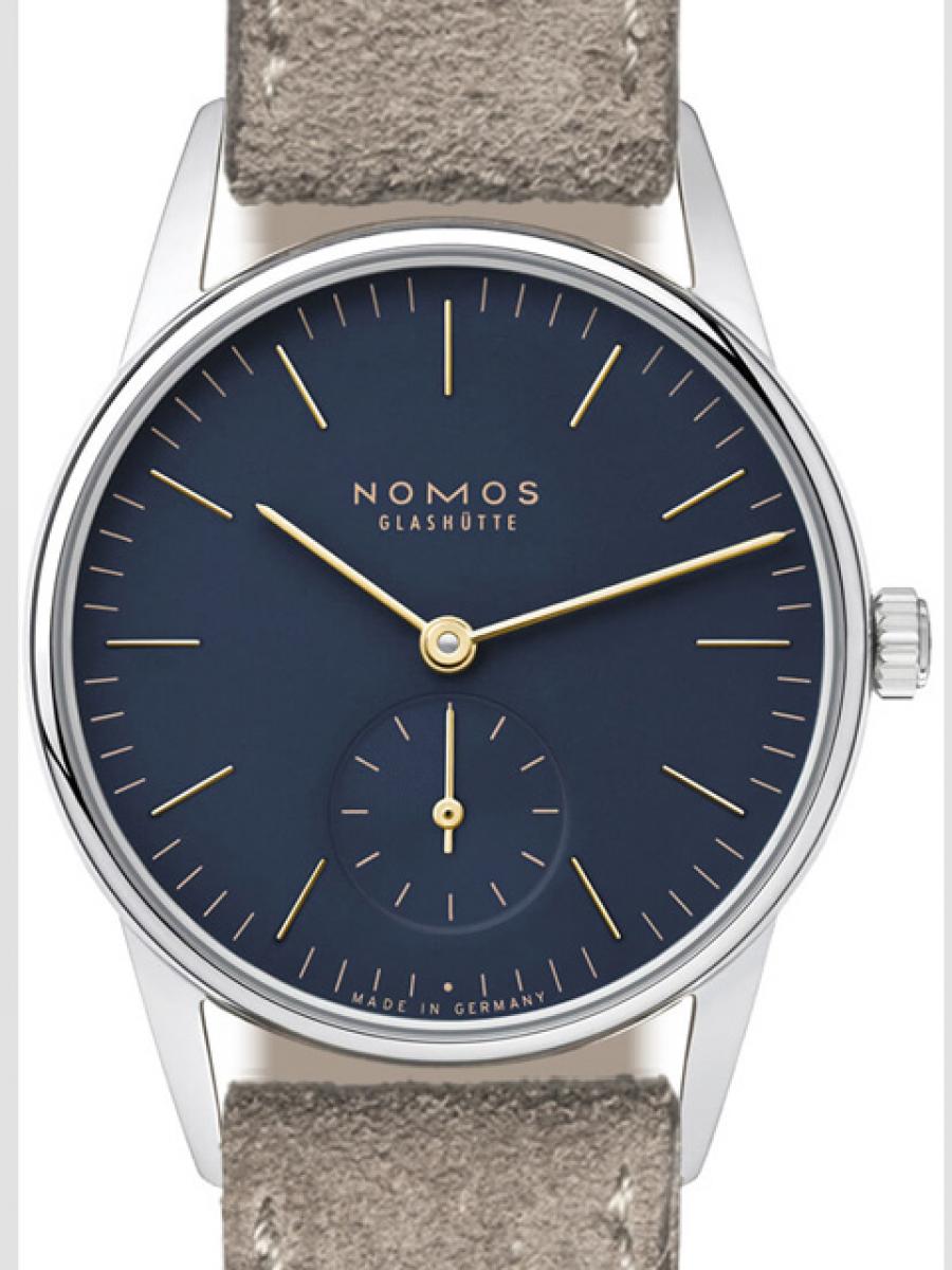 ノモス オリオン OR1A3BL133 ネイビーブルー　（濃紺） 330番 スモールセコンド ミッドナイトブルー ゴールド針 アルファ レディースレディースサイズ　サファイヤクリスタル　ベロアストラップ(新品未使用)