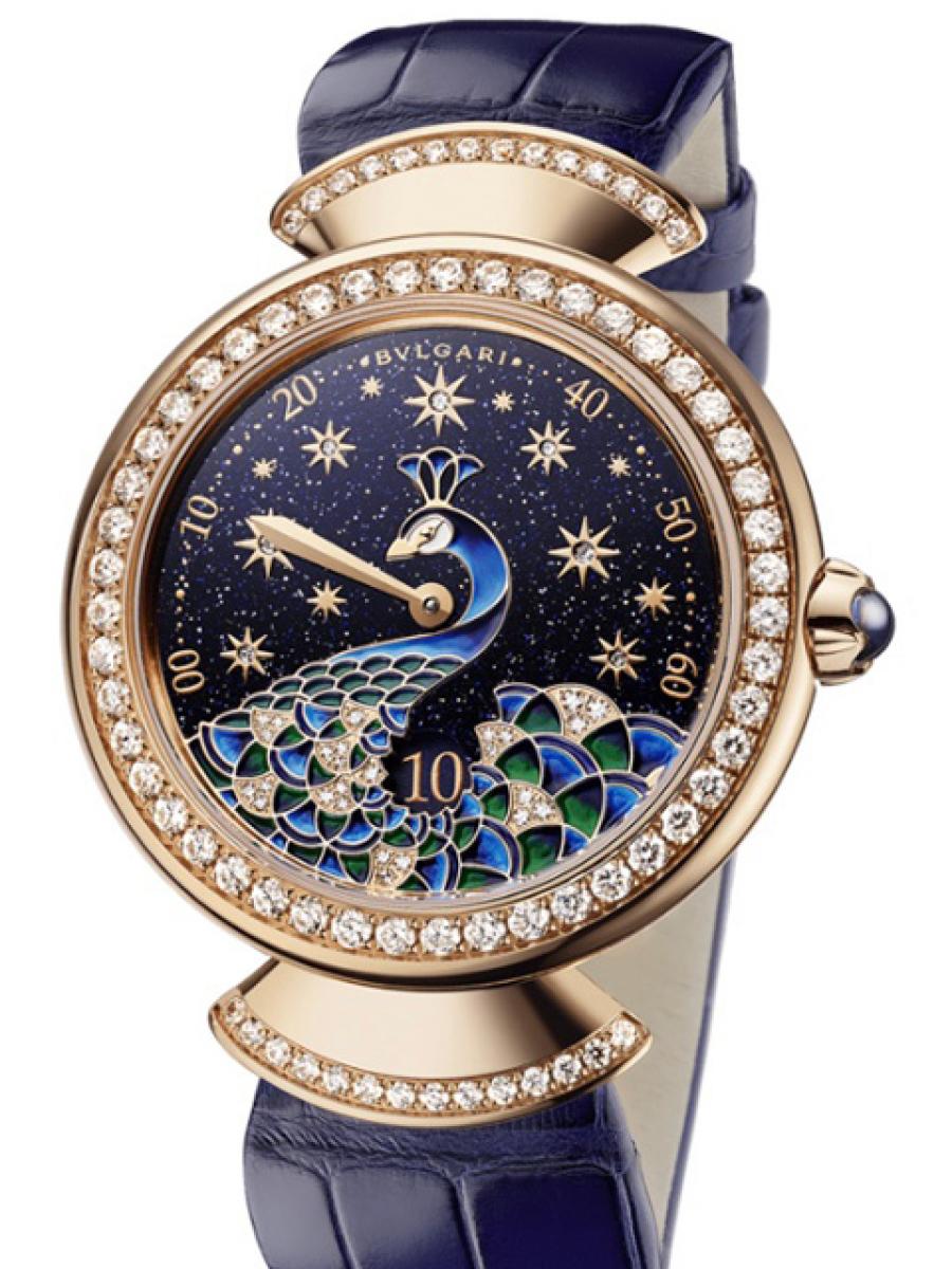 ブルガリ ディーバ 103114 ネイビー ディーヴァドリーム ピーコック ダイヤモンド アベンチュリンダイヤル ジャンピングアワー レトログレード 扇形  レディース　18K　マニュファクチュール　アリゲーターストラップ(新品未使用)