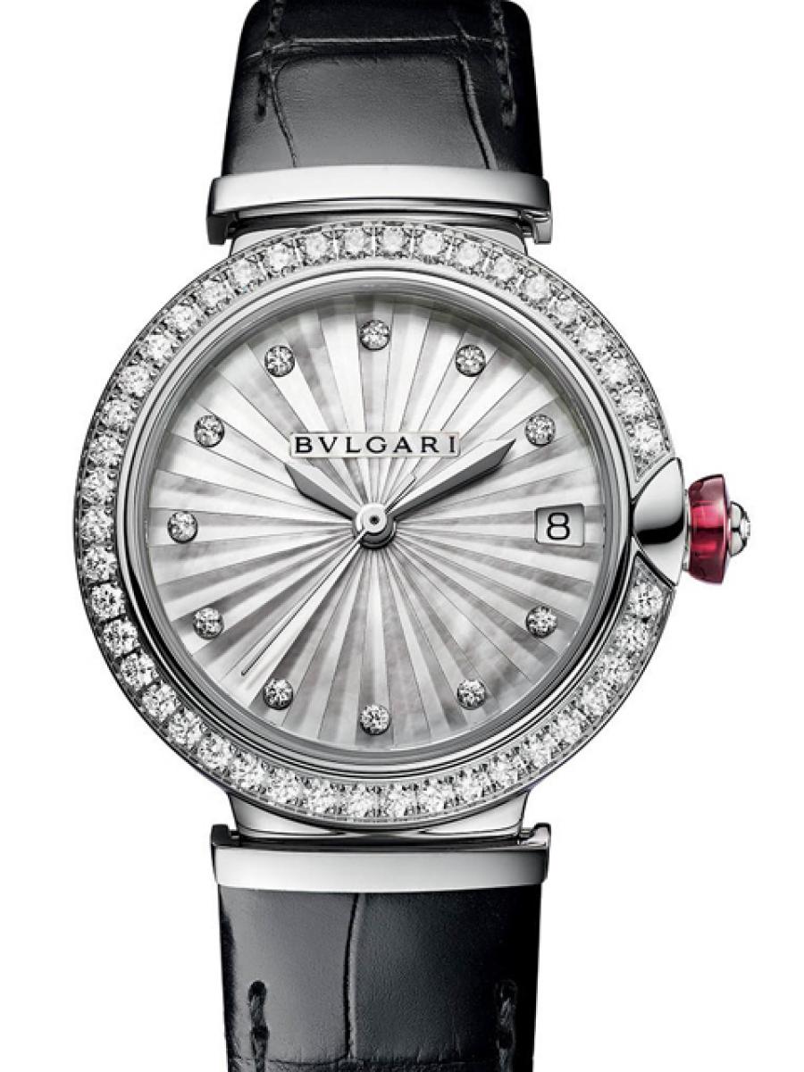 ブルガリ ルチェア 103476 ホワイト　（白蝶貝） 2021年新作 ルチェア・インタルシオ マザーオブパール ダイヤモンド デイト表示 ファセット加工 レディース　アリゲーターストラップ　28ｍｍ　メティエダール(新品未使用)