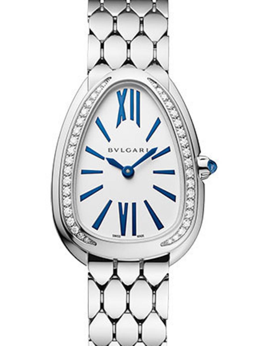ブルガリ セルペンティ 103148 ホワイト セドゥットーリ ダイヤモンド オパラインダイヤル ブルーインデックス ドロップケース レディース 33ｍｍ　ヘキサゴンストラップ(新品未使用)