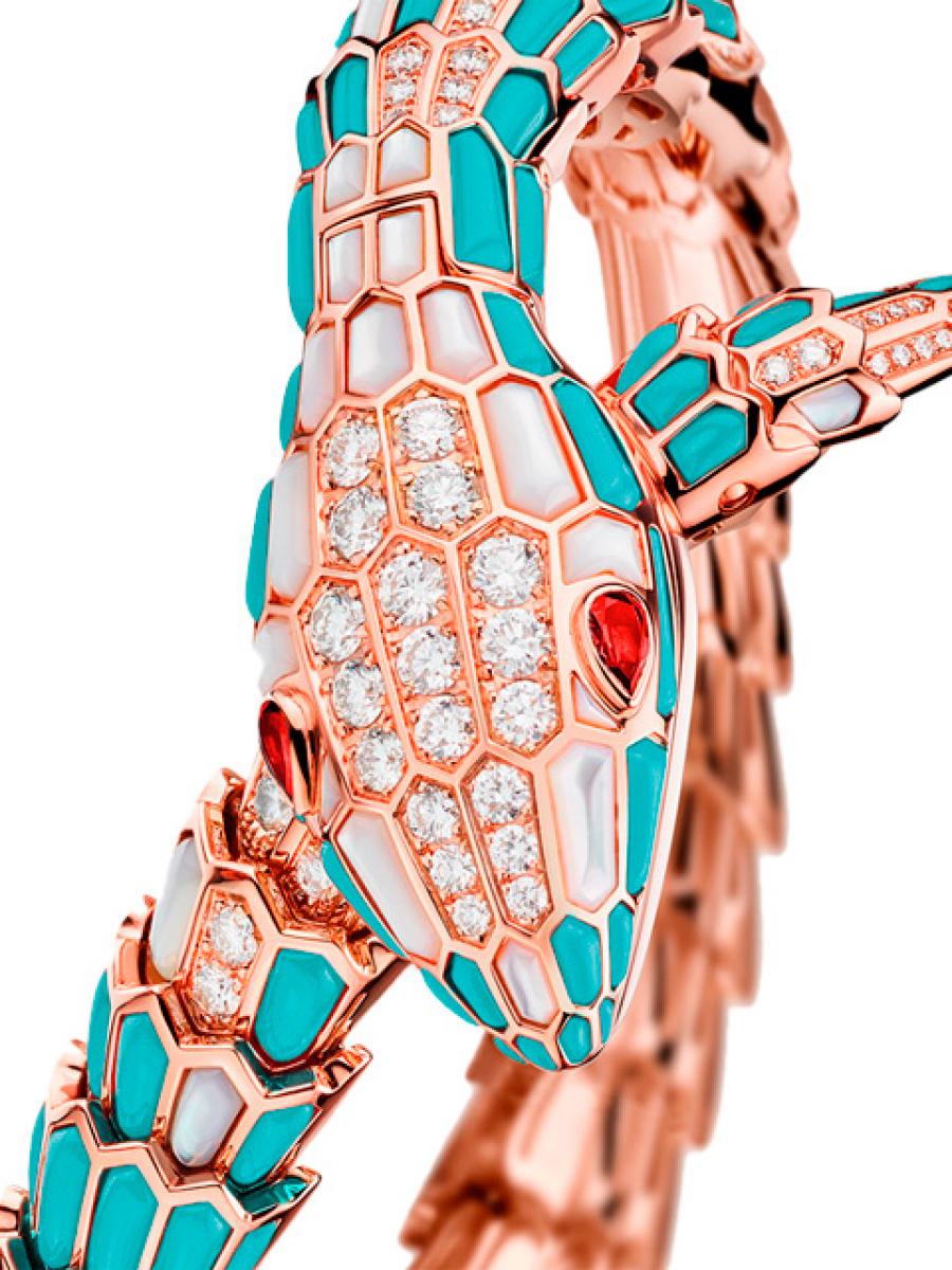 ブルガリ セルペンティ 102533 ピンクゴールド (ダイヤモンド） シークレットウォッチ  シングルスパイラル ダイヤモンド マザーオブパール ターコイズ ルビー ブレスレットタイプ レディース 40ｍｍ　ジュエリーウォッチ(新品未使用)高価買取事例