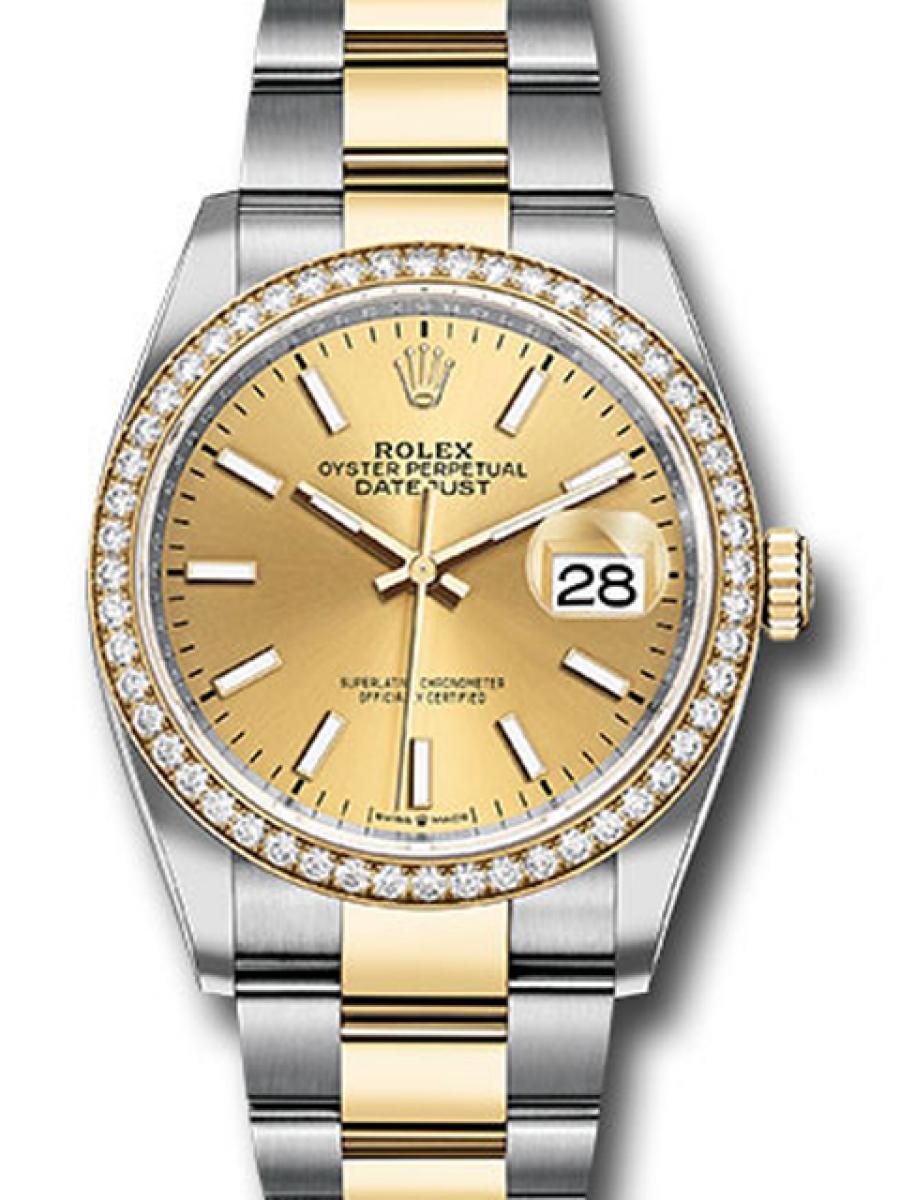 ロレックス デイトジャスト 126284RBR シャンパンゴールド オイスター コンビモデル ダイヤモンドベゼル 夜光塗料 デイト表示 ユニセックスメンズレディース　18Kイエローゴールド　36ｍｍ　オイスターブレスレット(新品未使用)