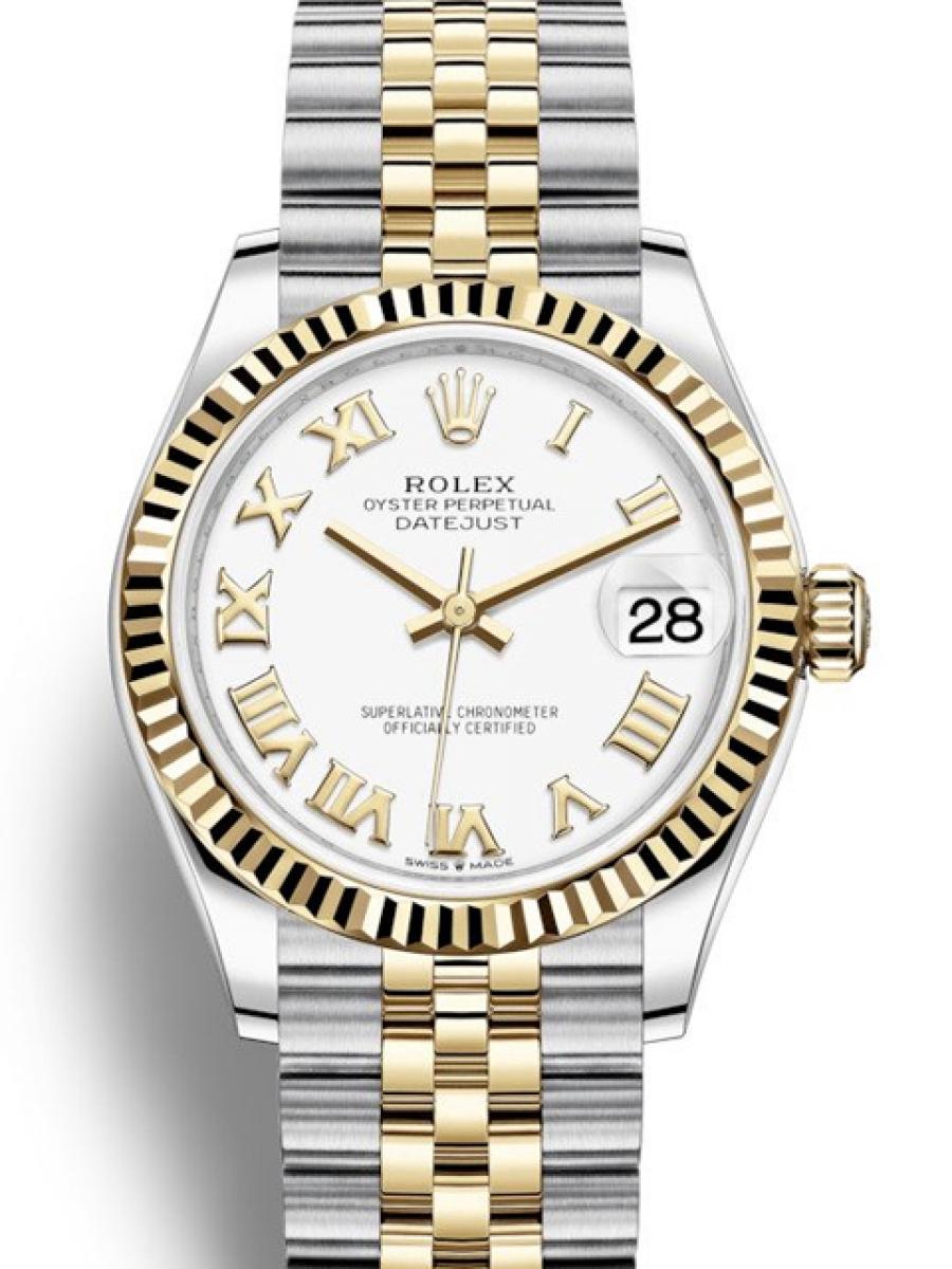 ロレックス デイトジャスト 278273 ホワイト オイスター コンビモデル フルーテッドベゼル ローマ数字インデックス デイト表示 ジュビリーブレス イエローゴールド ユニセックスレディースメンズ　18Kイエローゴールド　31ｍｍ　ジュビリーブレス(新品未使用)