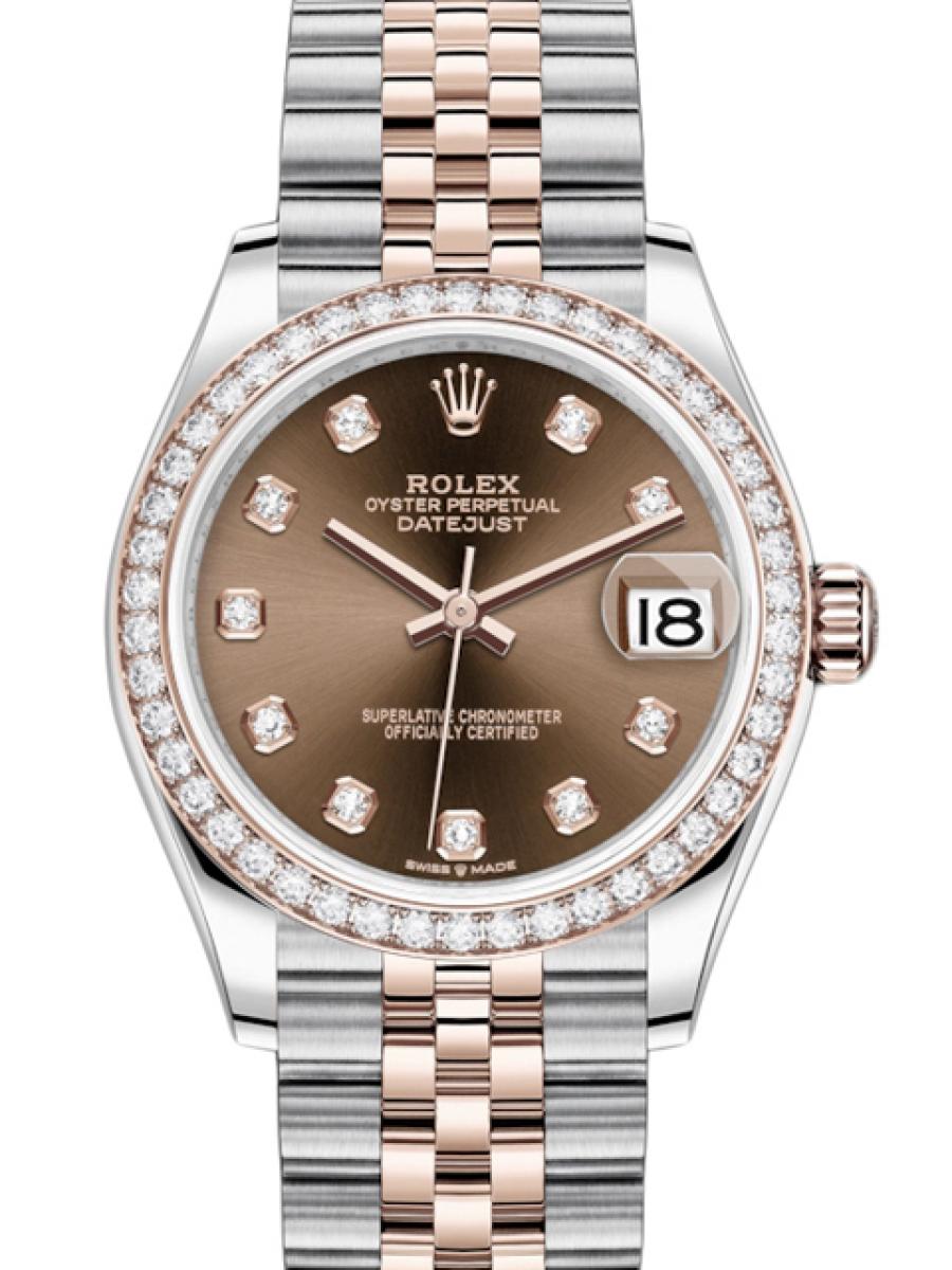 ロレックス デイトジャスト 278381RBRG ブラウン（チョコレート） オイスター コンビモデル ダイヤモンドベゼル ダイヤモンドインデックス デイト表示  ジュビリーブレス レディース　18Kエバーローズゴールド　31mm　ジュビリーブレス(新品未使用)