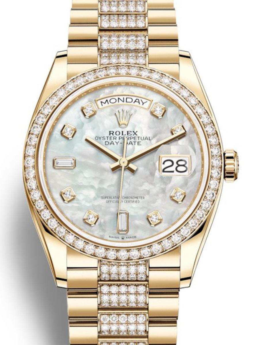ロレックス デイデイト 128348RBRA マザーオブパール デイデイト  ダイヤモンドインデックス ダイヤモンドベゼル プレジデントブレス  ユニセックスメンズレディース 36ｍｍ　プレジデントブレス(新品未使用)