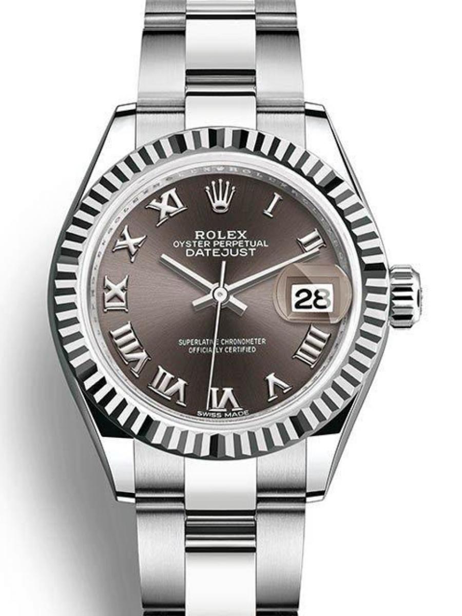 ロレックス レディデイトジャスト 279174 ダークグレー フルーテッドベゼル  デイト表示 ローマインデックス オイスターブレス  レディース　18Kホワイトゴールド　28ｍｍ　オイスターブレス(新品未使用)