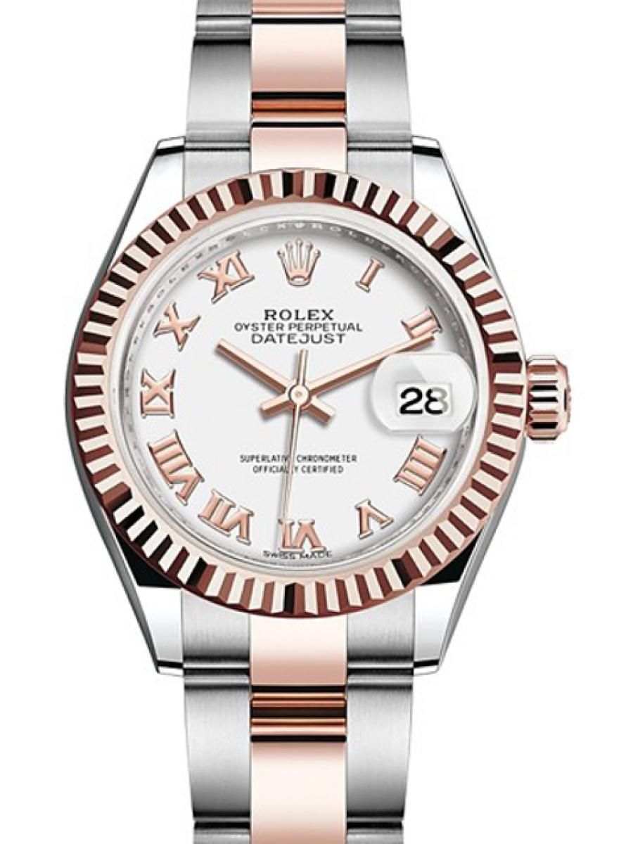 ロレックス レディデイトジャスト 279171 ホワイト フルーテッドベゼル ローマインデックス  オイスターブレス エバーローズゴールド オイスターブレス レディース　18Kエバーローズゴール　28ｍｍ　オイスターブレス(新品未使用)