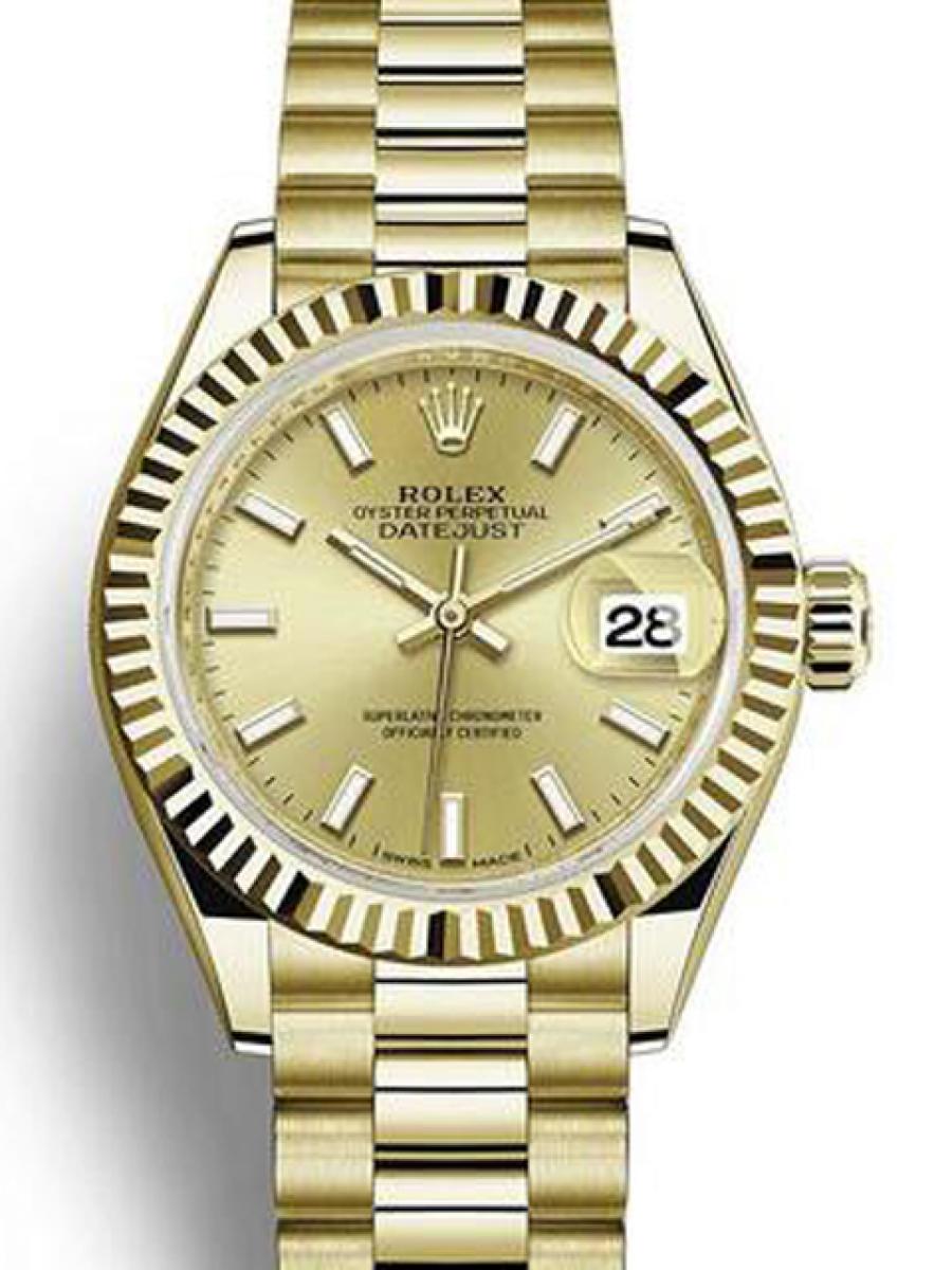 ロレックス レディデイトジャスト 279178 シャンパンゴールド フルーテッドベゼル  アワーインデックス 夜光塗料 プレジデントブレス イエローゴールド レディース　18Kイエローゴールド　28ｍｍ　プレジデントブレス(新品未使用)