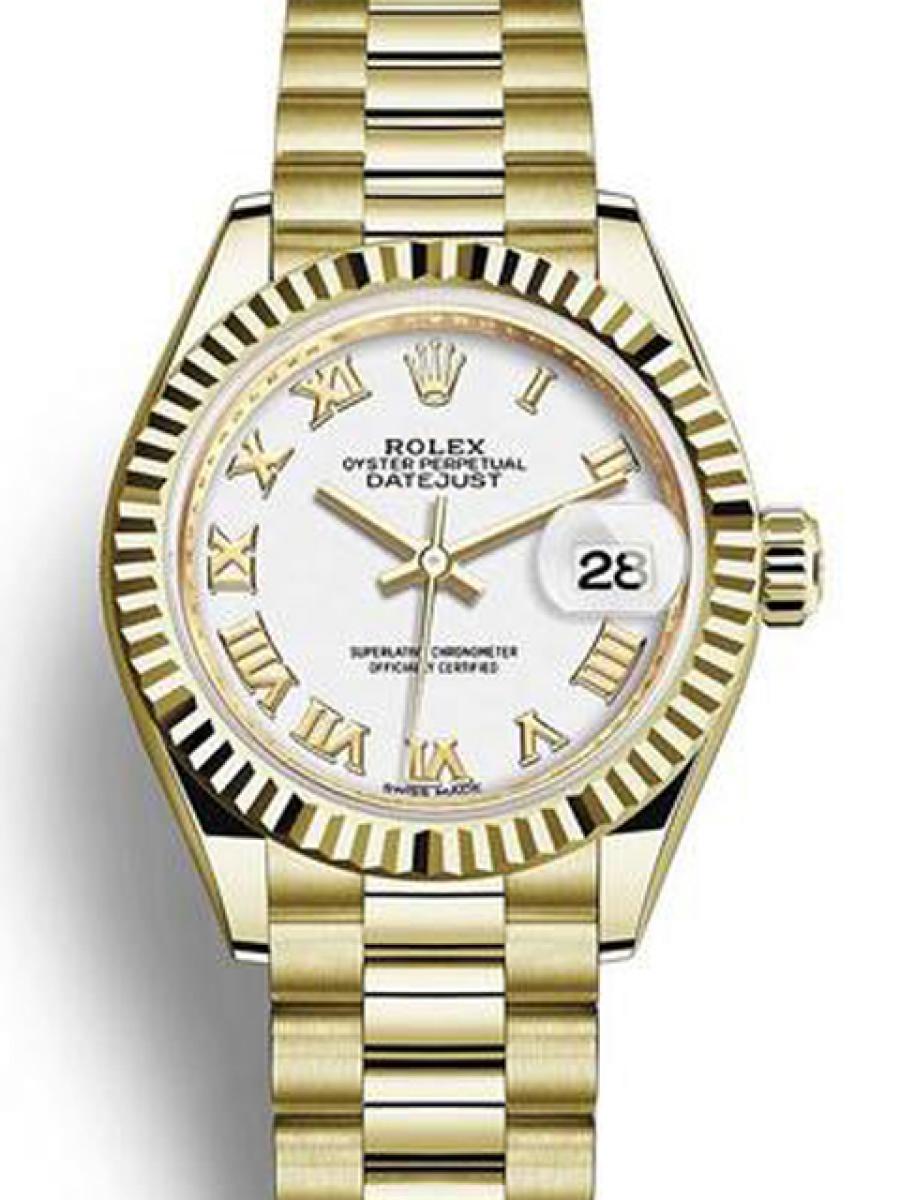 ロレックス レディデイトジャスト 279178 ホワイト フルーテッドベゼル  ローマ数字インデックス プレジデントブレス イエローゴールド レディース　28ｍｍ　プレジデントブレス(新品未使用)