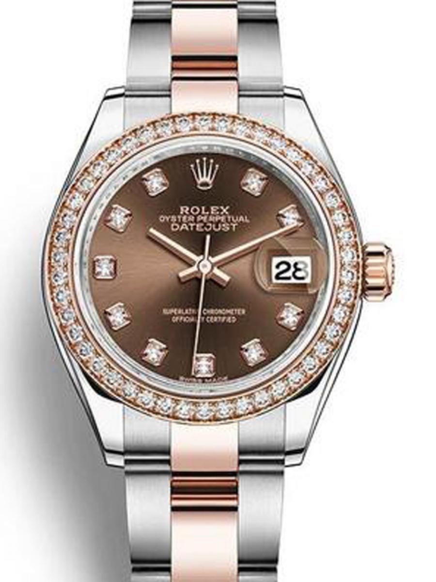 ロレックス レディデイトジャスト 279381 ブラウン　（チョコレート） ダイヤモンドベゼル ダイヤモンドインデックス  オイスターブレス エバーローズゴールド レディース　18Kエバーローズゴールド　28ｍｍ　オイスターブレス(新品未使用)