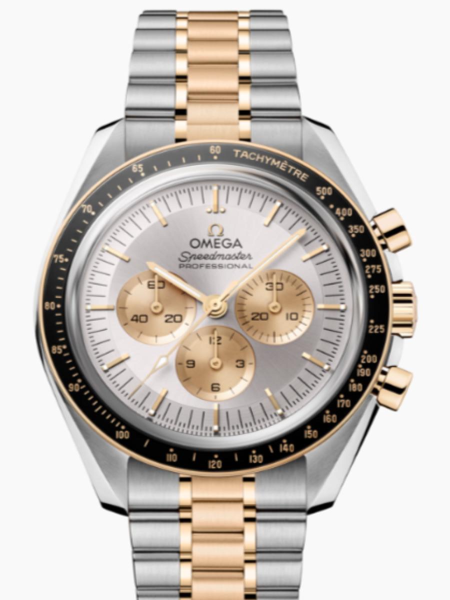 オメガ スピードマスター 310.20.42.50.02.001 シルバー ムーンウォッチ プロフェッショナ﻿ル 3カウンター　クロノ　タキメーター　シルバ﻿ー文字盤　コンビモデル  メンズ　42ｍｍ　3連ブレス　シースルーバック　COSC認定　シャインゴールド  (新品未使用)