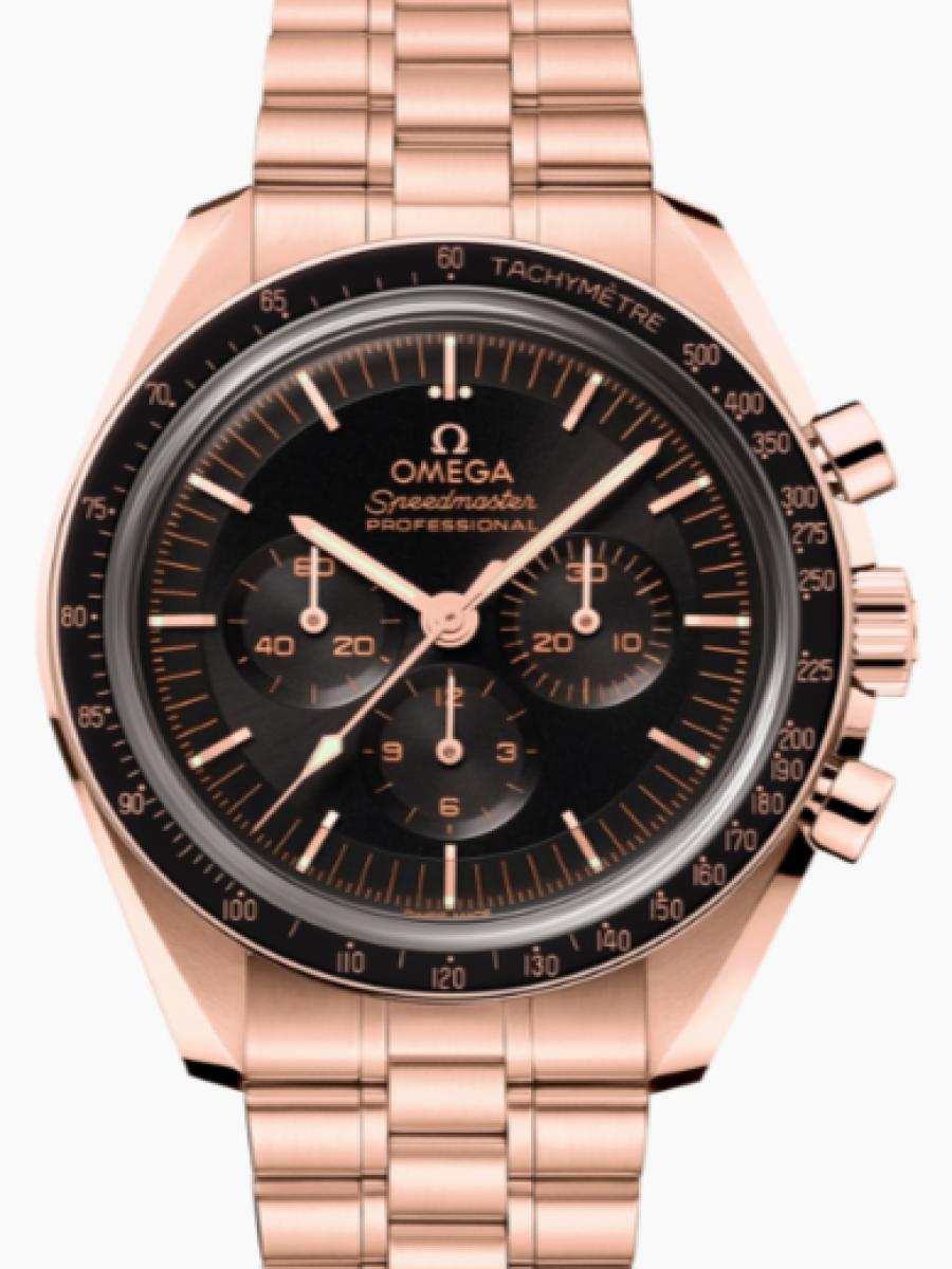オメガ スピードマスター 310.60.42.50.01.001 ブラック ムーンウォッチ プロフェッショナ﻿ル　ブラックダイヤル　クロノ　タキメーター　セドナゴールド メンズ　メンズモデル　42mm　シースルーバック　COSC認定(新品未使用)