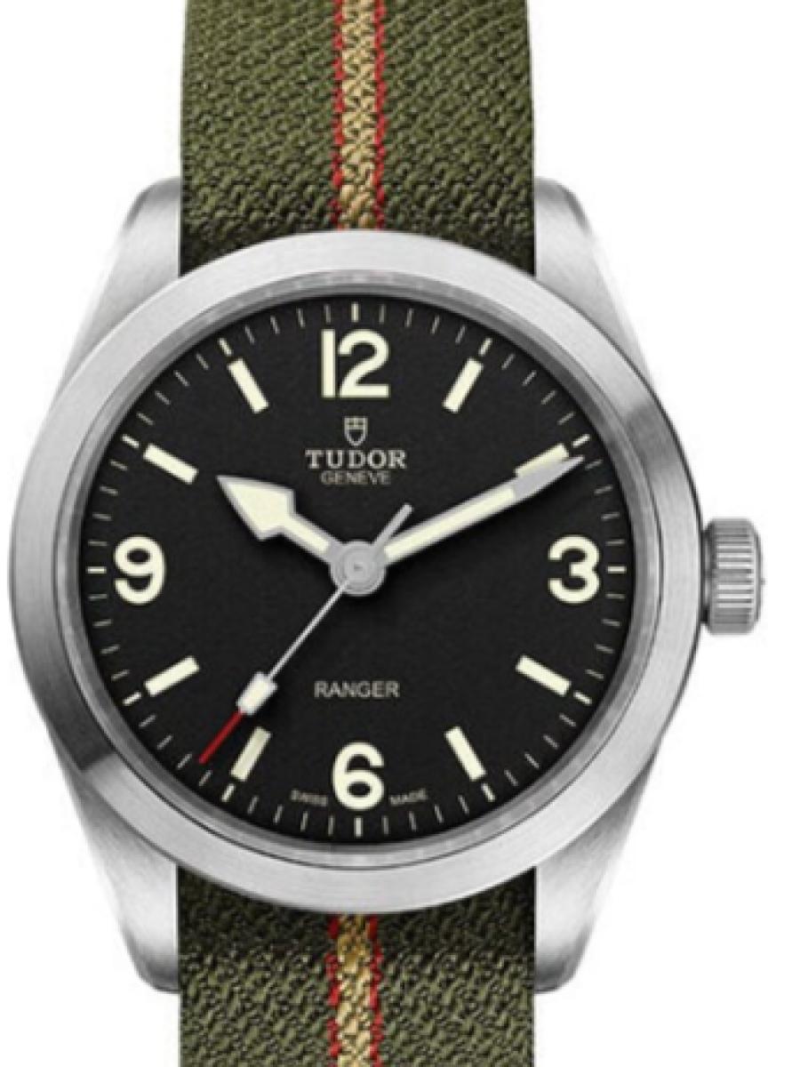 チューダー レンジャー M79950-0003 ブラック 2022年発表　現行モデル　ブラックダイヤル　アラビア数字インデックス メンズ　メンズモデル　39 mm 　レッド＆ベージュのストライプグリーンファブリックストラップ(新品未使用)