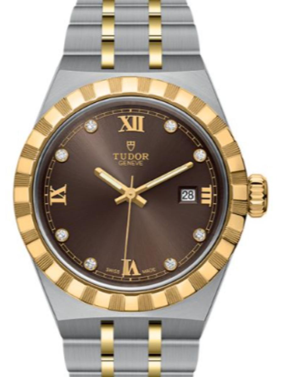 チューダー ロイヤル M28303-0009 ブラウン コンビモデル　チョコレートダイヤル　デイト表示　ダイヤインデックス レディース　レディースモデル　28ｍｍ　キャリバー T201　パワーリザーブ約38時間(新品未使用)